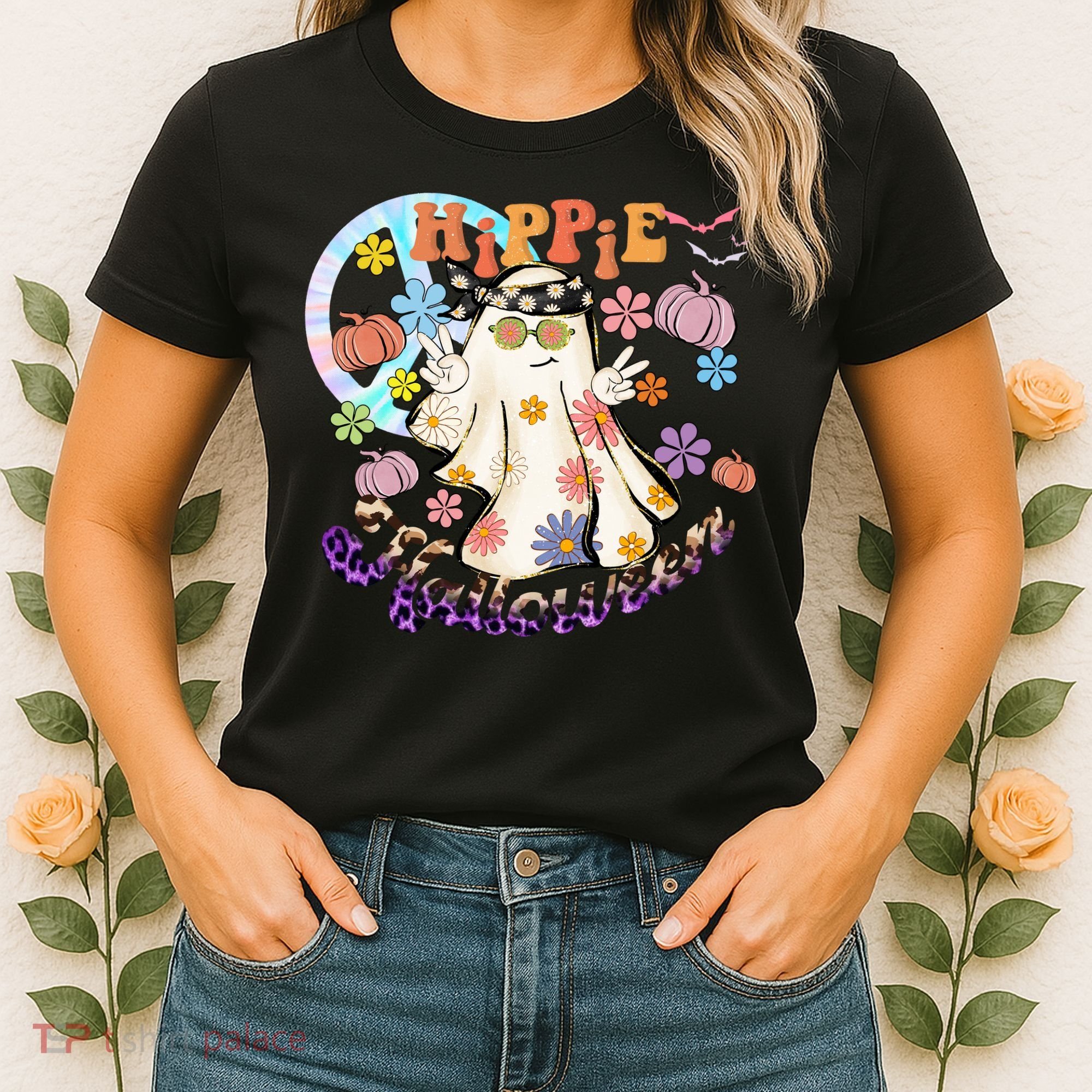 Hippie Halloween Spooky Floral Graphic Best Funny Halloween Shirts Women's T-Shirt