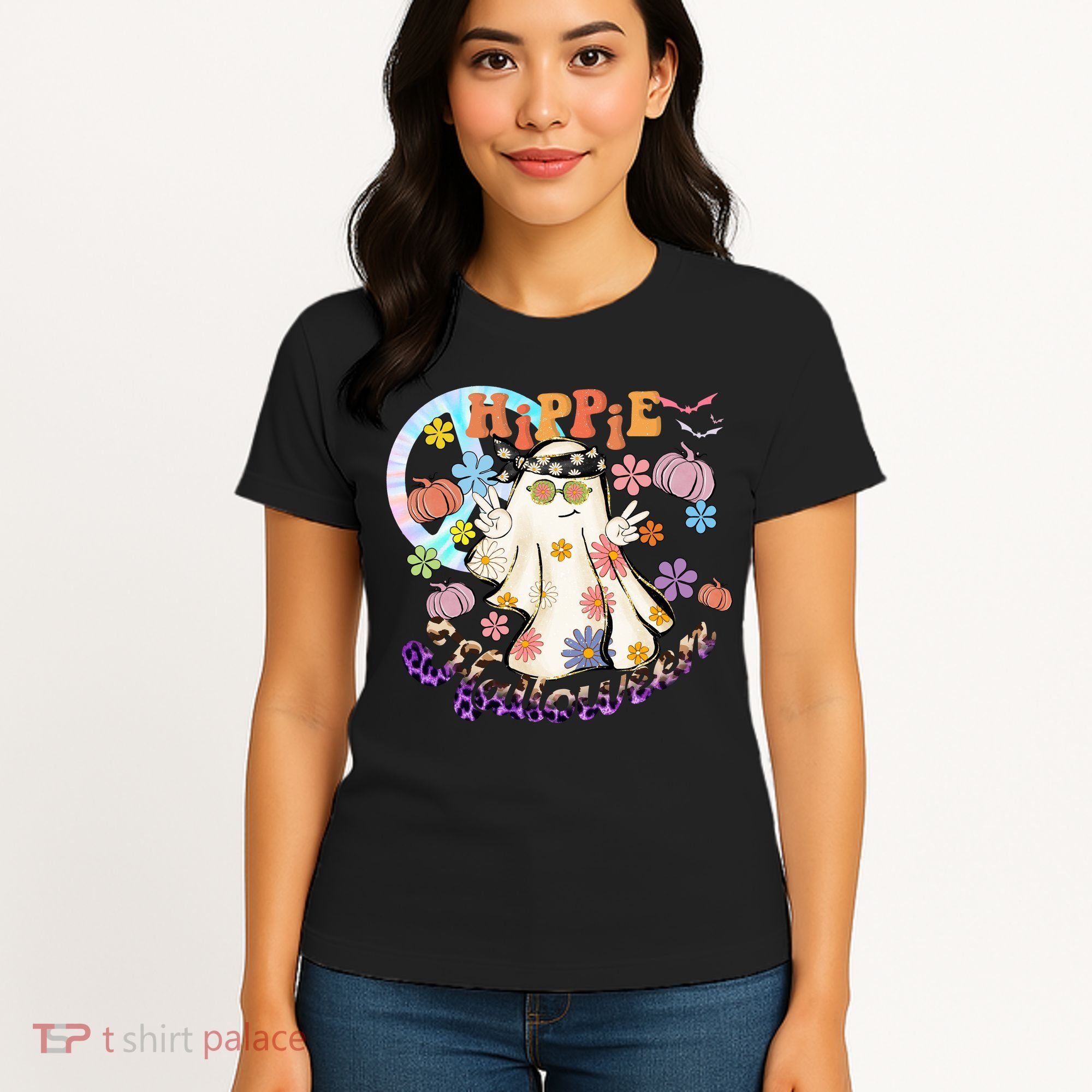 Hippie Halloween Spooky Floral Graphic Best Funny Halloween Shirts Women's T-Shirt