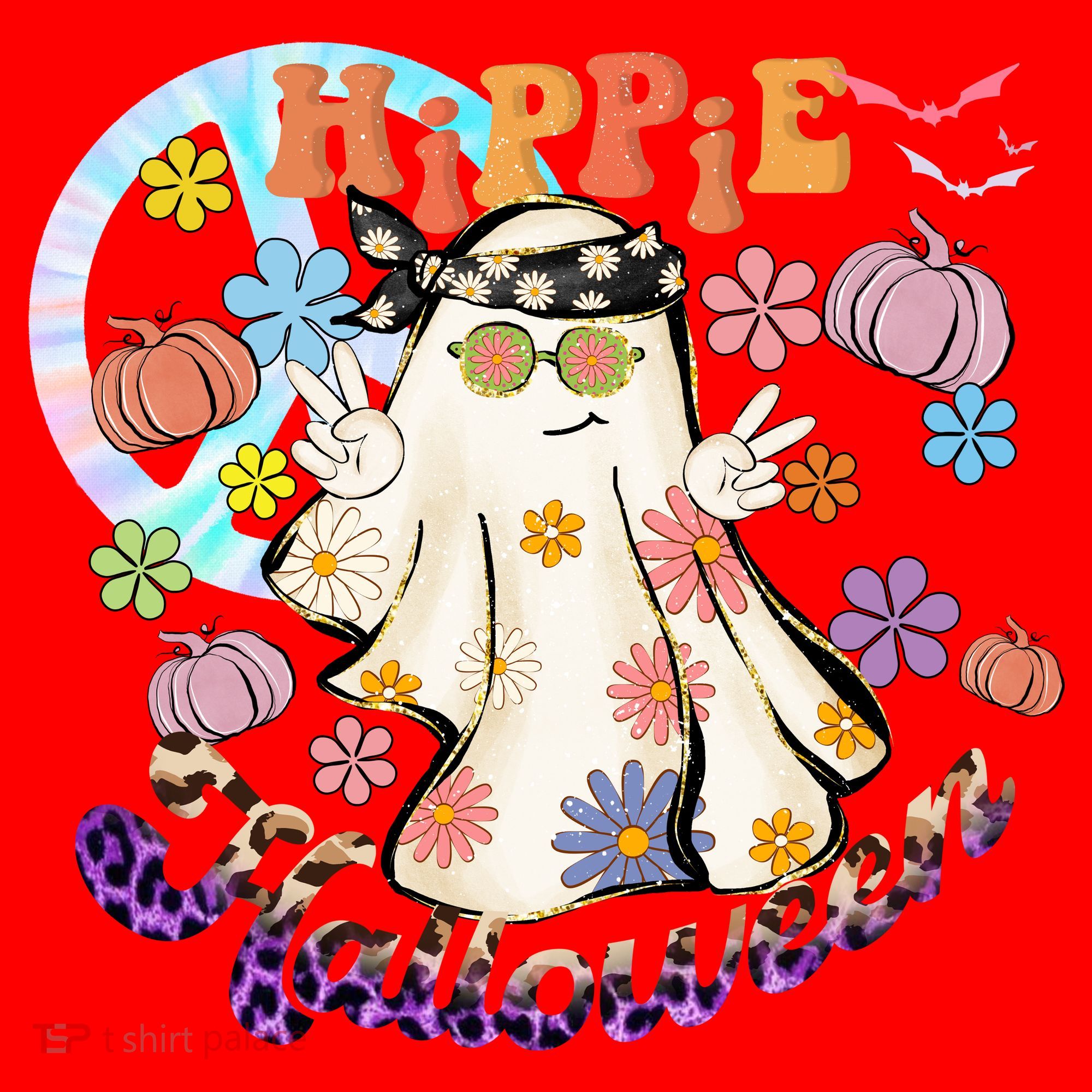 Hippie Halloween Spooky Floral Graphic Best Funny Halloween Shirts Santa Hat