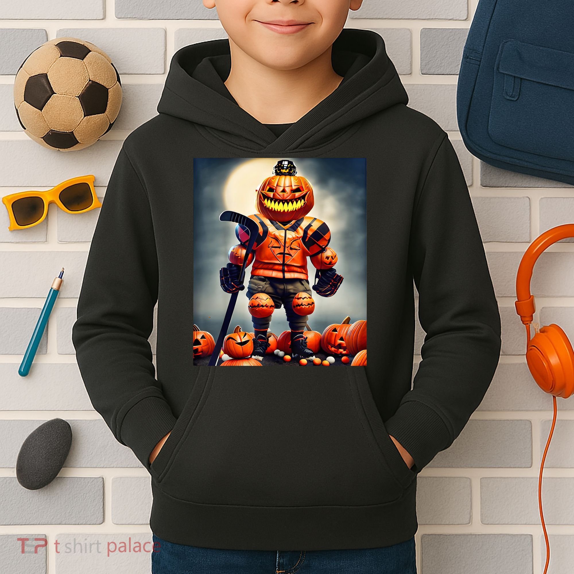 Halloween Hockey Season Pumpkin Player Kids Hoodie