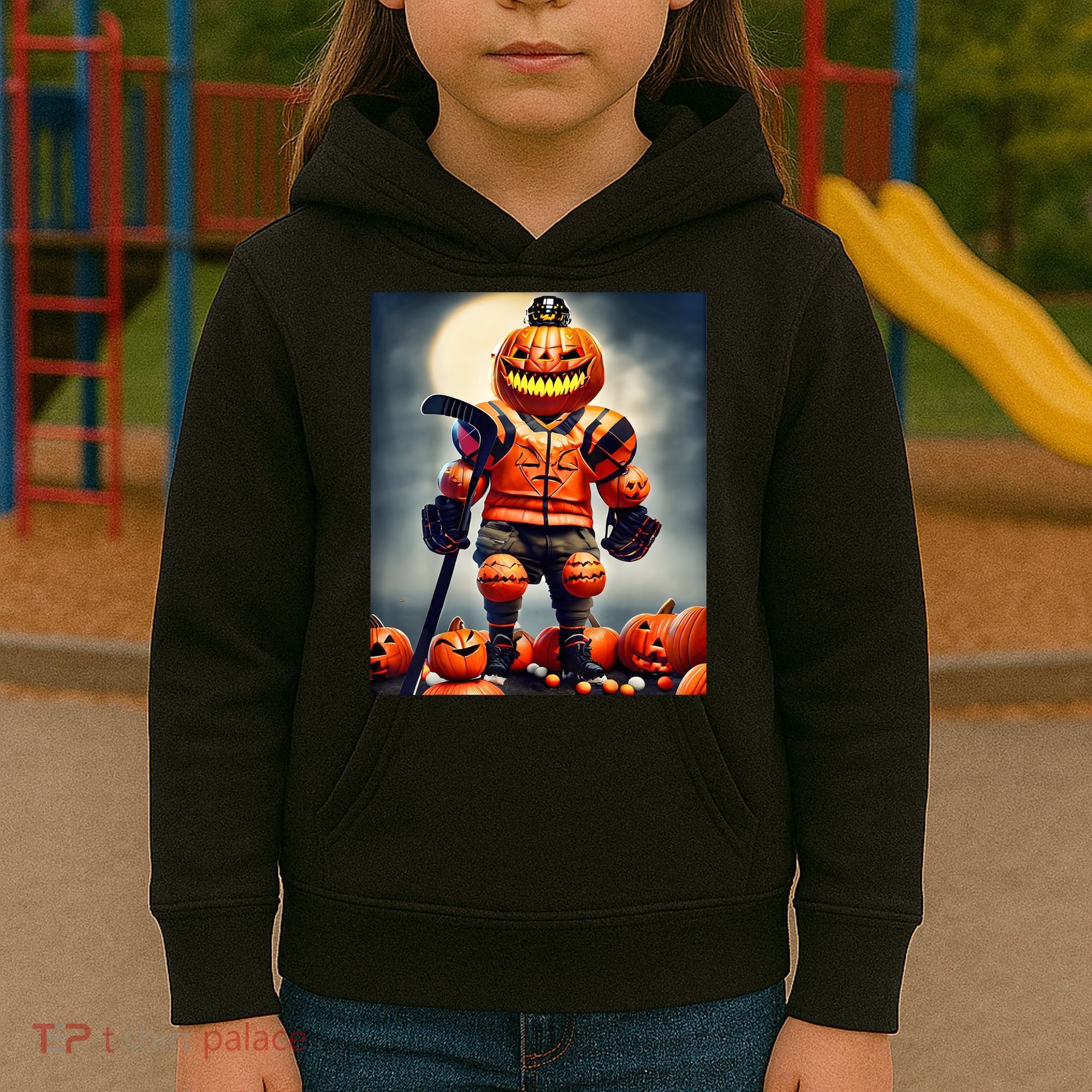 Halloween Hockey Season Pumpkin Player Kids Hoodie