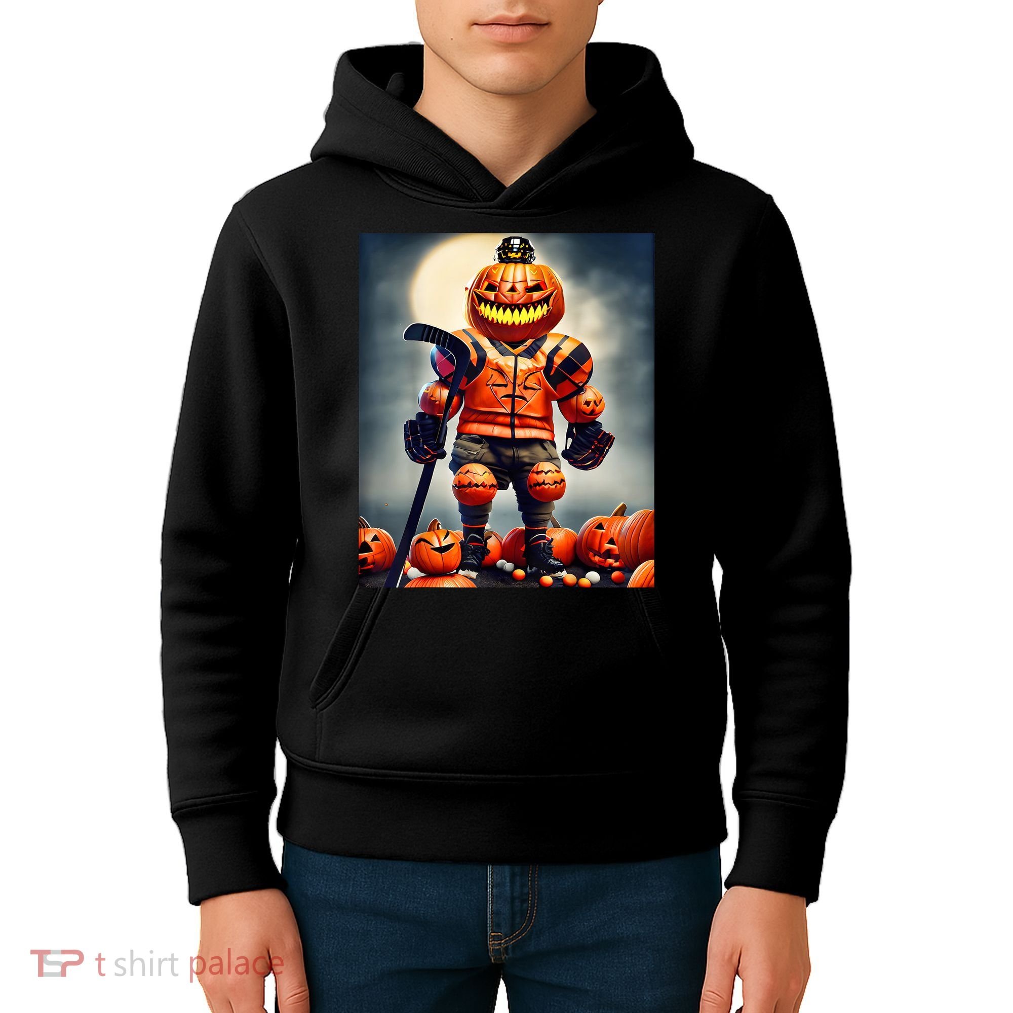 Halloween Hockey Season Pumpkin Player Kids Hoodie