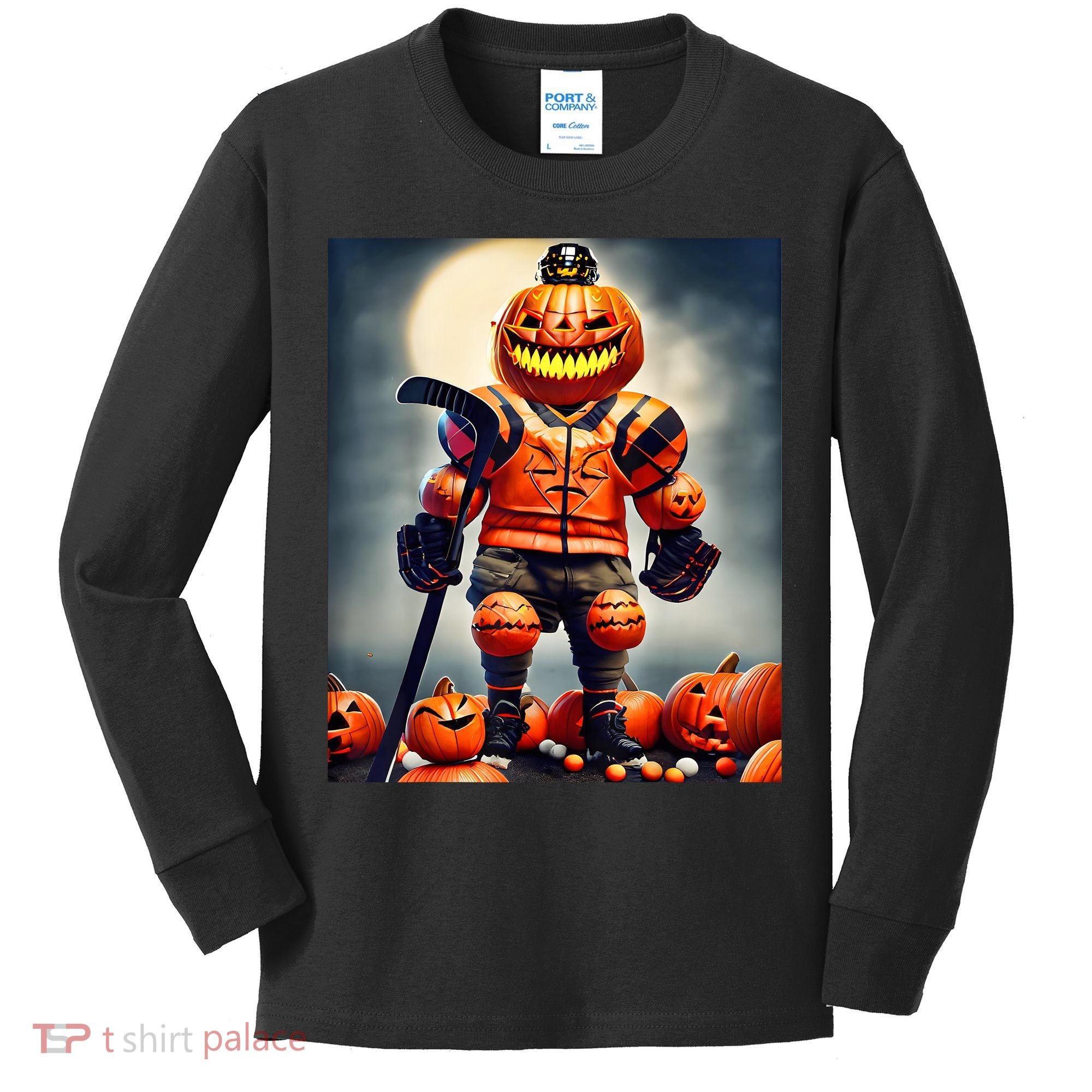 Halloween Hockey Season Pumpkin Player Kids Long Sleeve Shirt