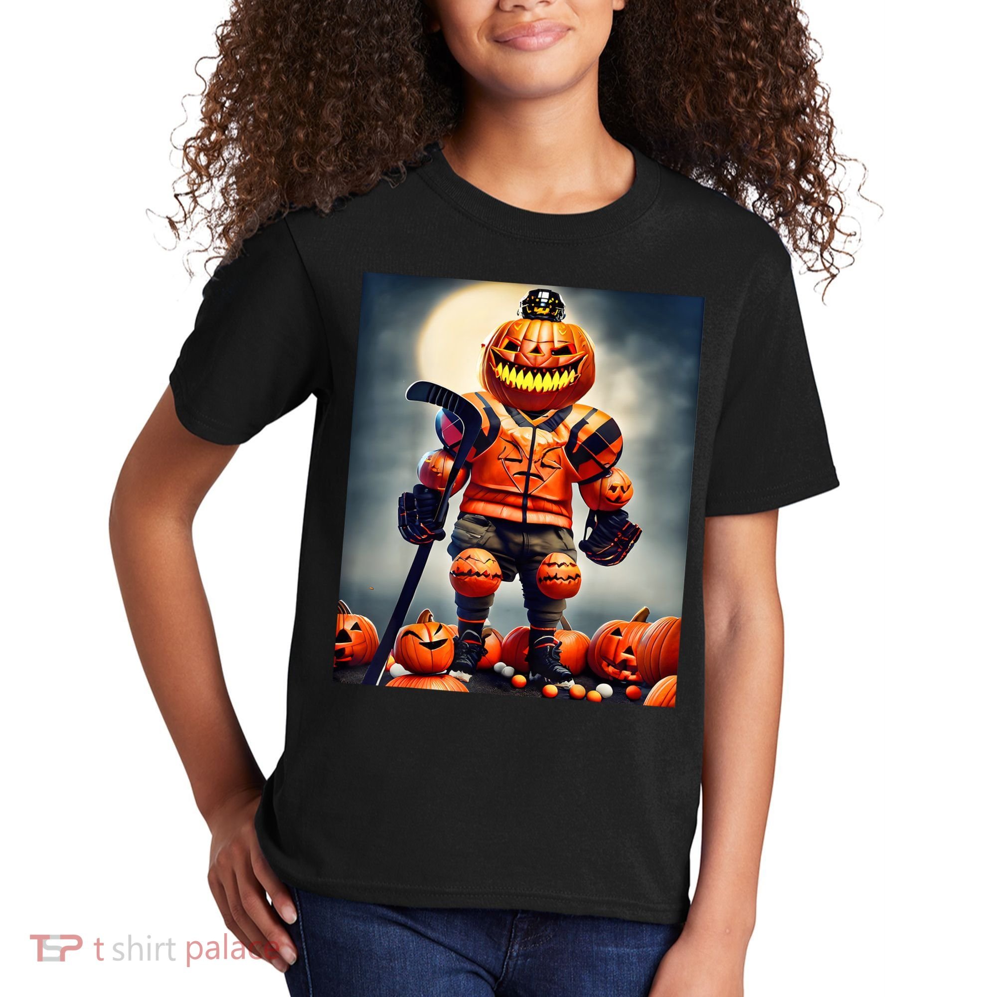 Halloween Hockey Season Pumpkin Player Kids T-Shirt