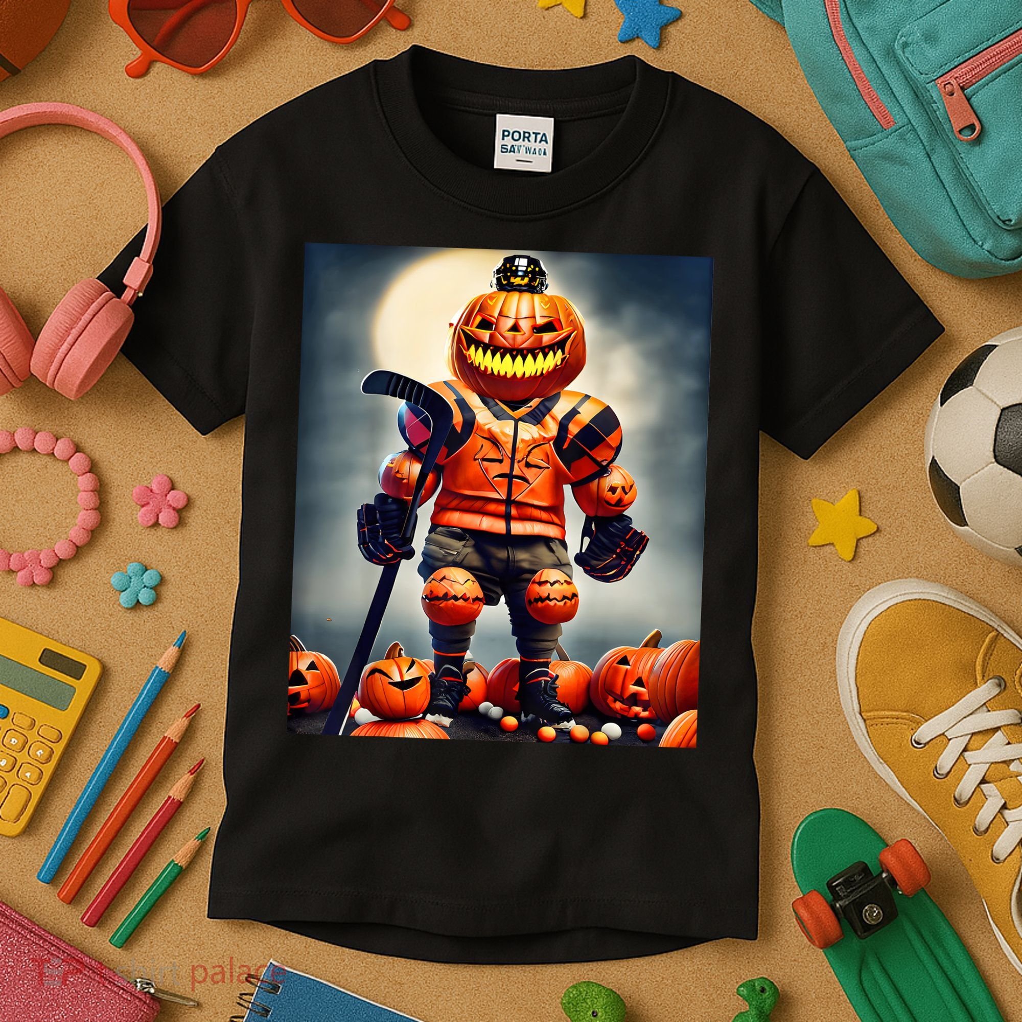 Halloween Hockey Season Pumpkin Player Kids T-Shirt