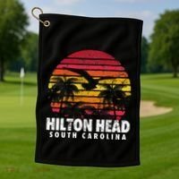 Hilton Head South Carolina Retro Sunset Style Beach Island Golf Towel thumb 1