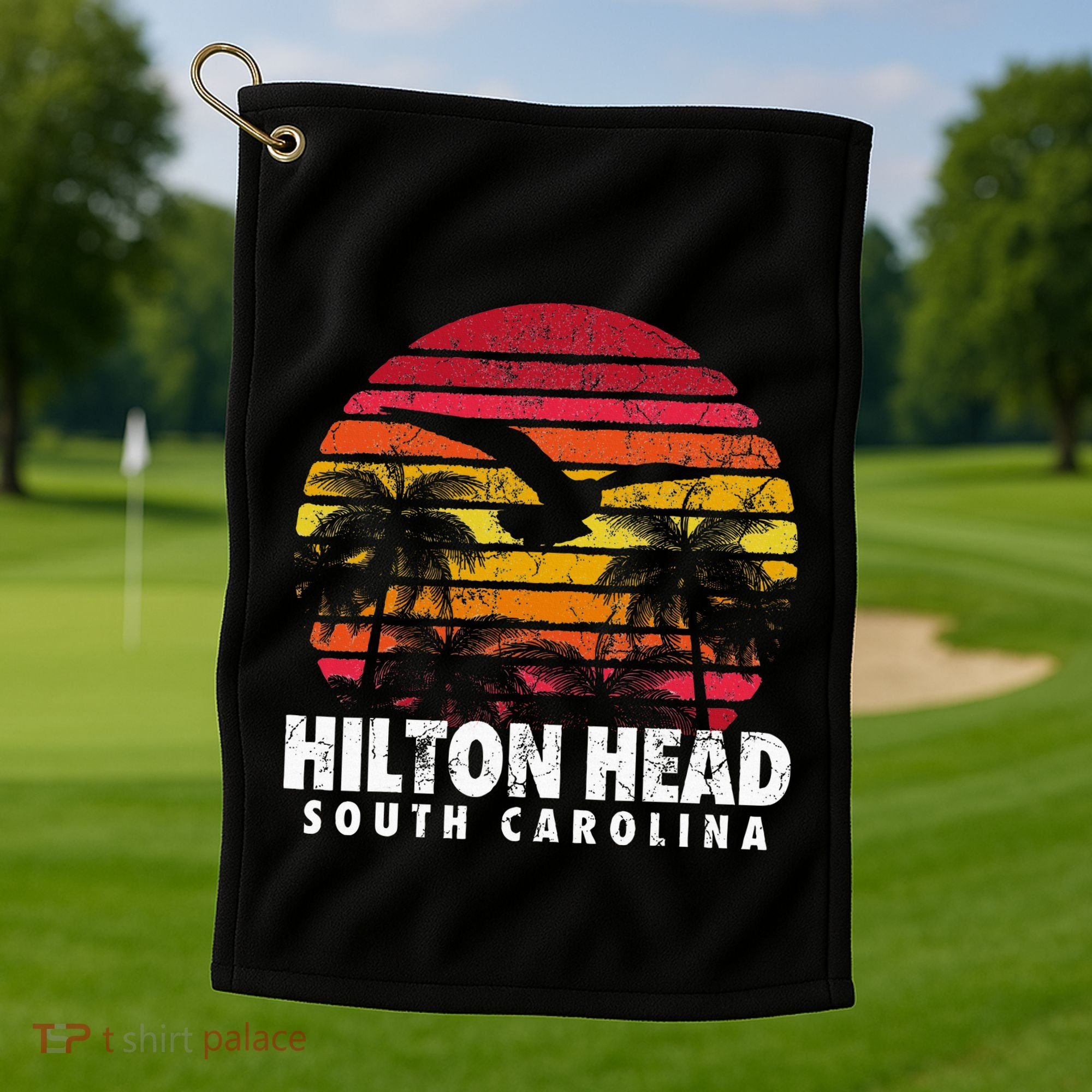 Hilton Head South Carolina Retro Sunset Style Beach Island Golf Towel