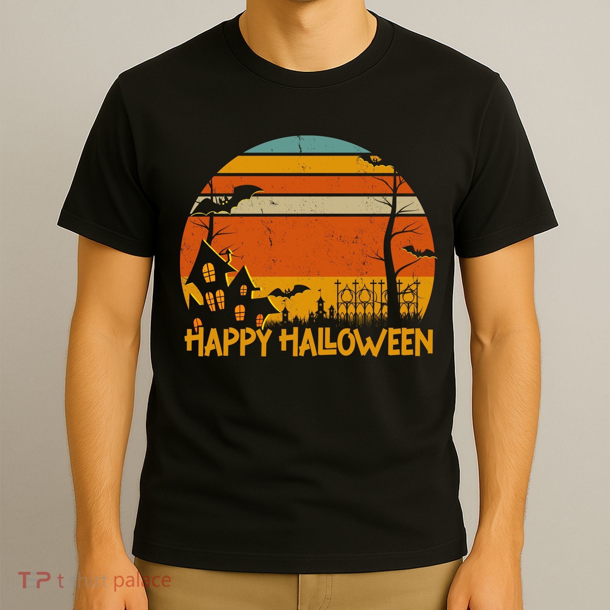 Happy Halloween Spooky Bats Vintage Sunset T-Shirt