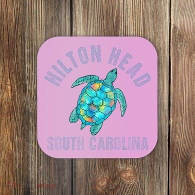 Hilton Head SC Beach Design Sea Turtle Illustration Gift Coaster