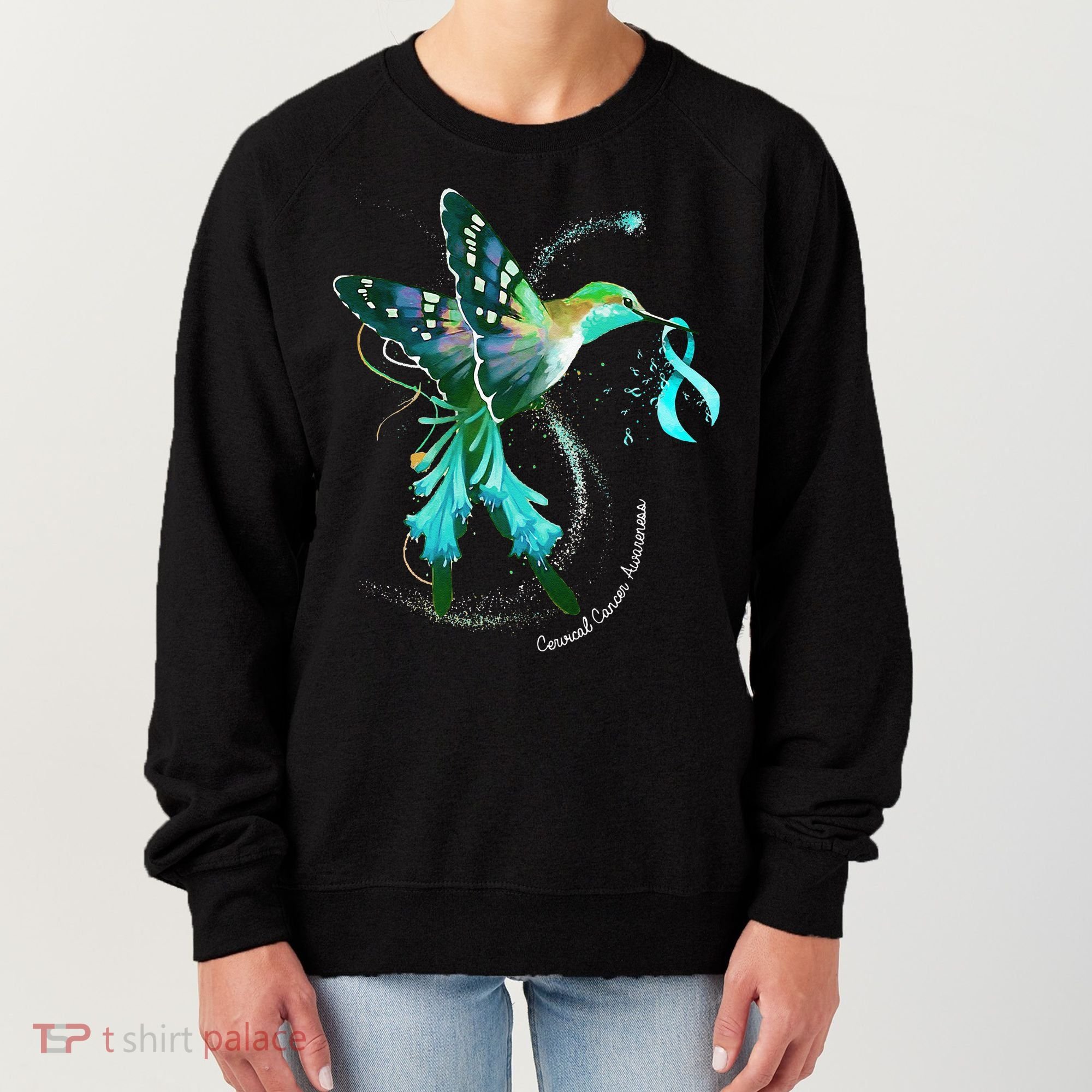 Hummingbird Holding Teal Ribbon Cervical Cancer Awareness Women's Sweatshirt