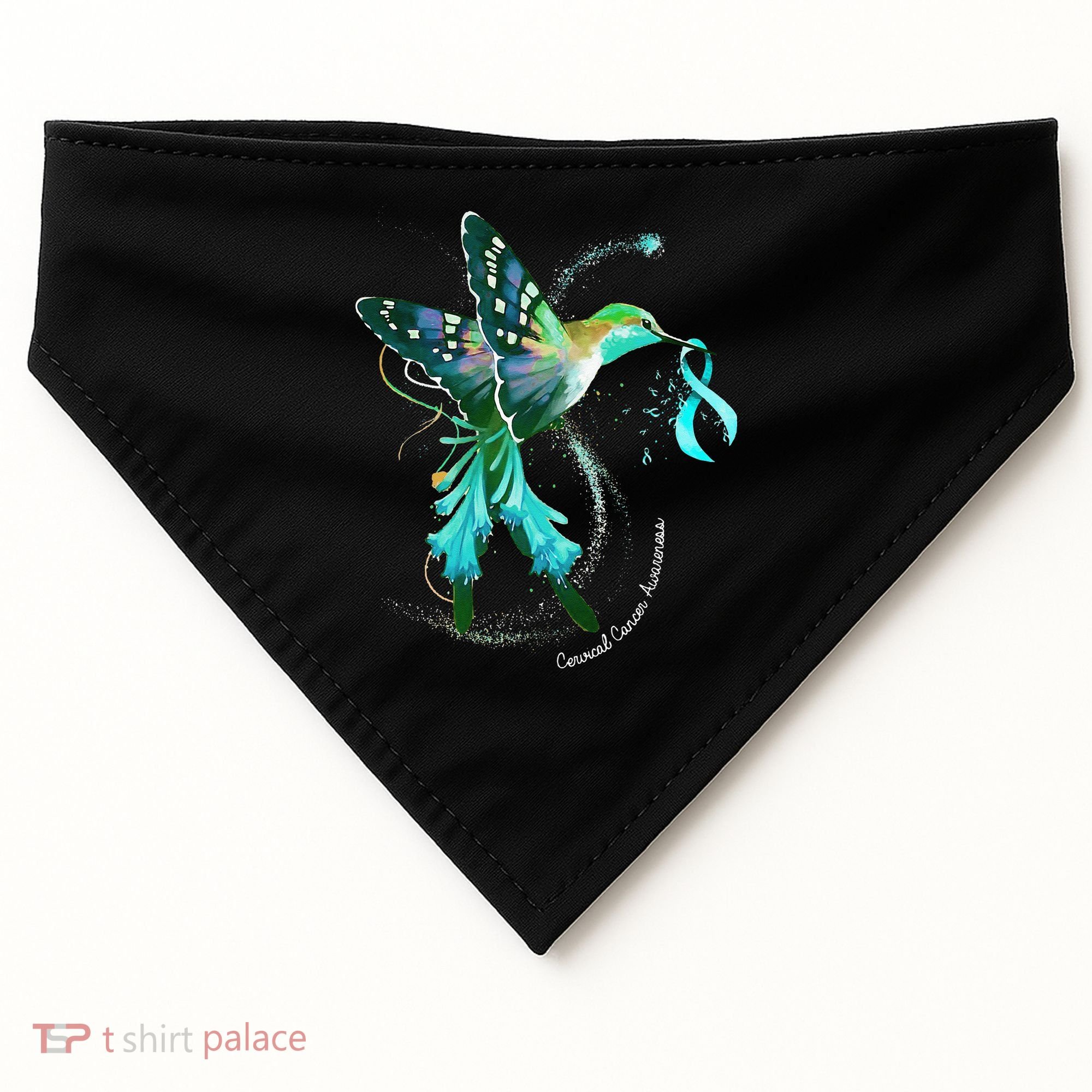 Hummingbird Holding Teal Ribbon Cervical Cancer Awareness USA-Made Doggie Bandana