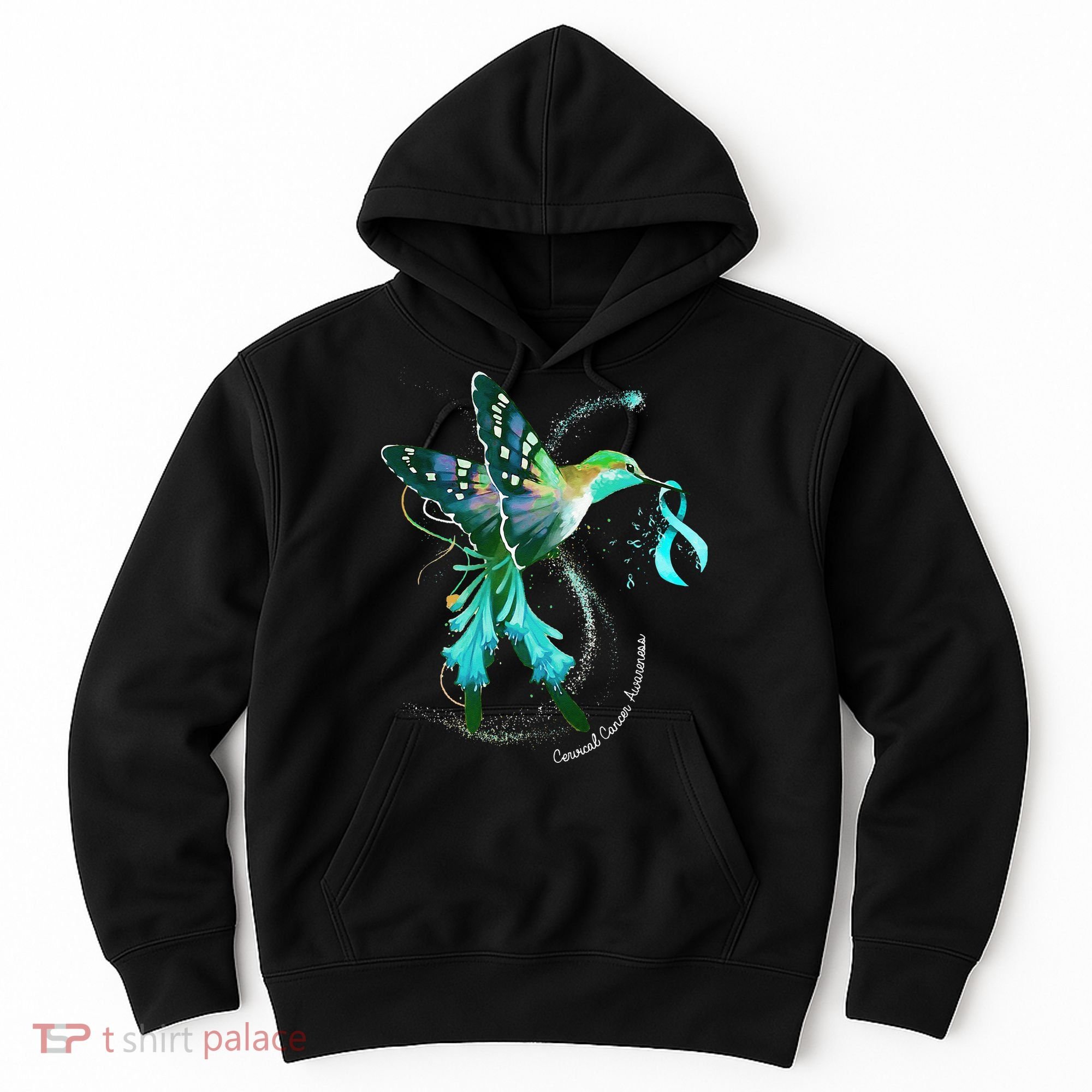 Hummingbird Holding Teal Ribbon Cervical Cancer Awareness Hoodie