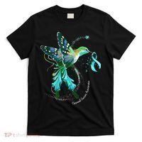Hummingbird Holding Teal Ribbon Cervical Cancer Awareness T-Shirt thumb 0