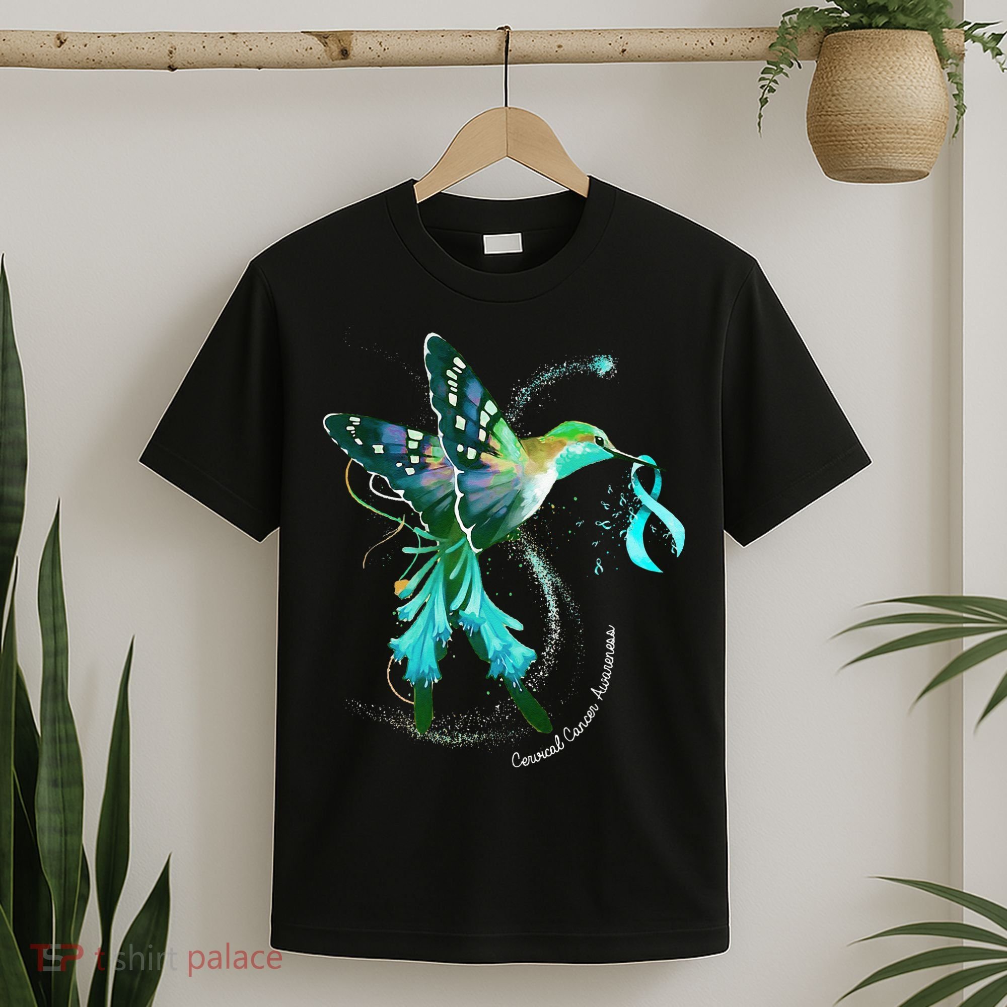 Hummingbird Holding Teal Ribbon Cervical Cancer Awareness T-Shirt
