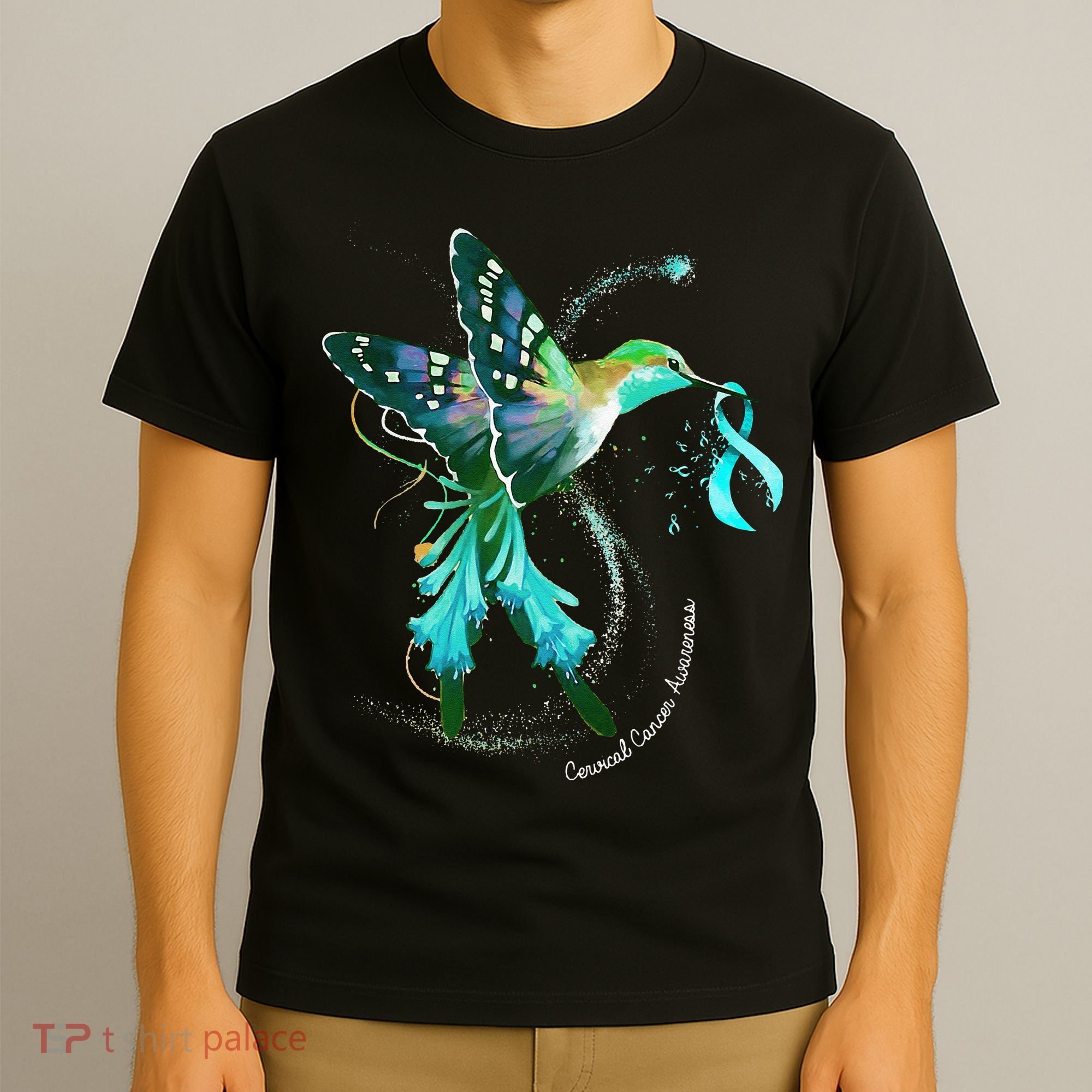 Hummingbird Holding Teal Ribbon Cervical Cancer Awareness T-Shirt