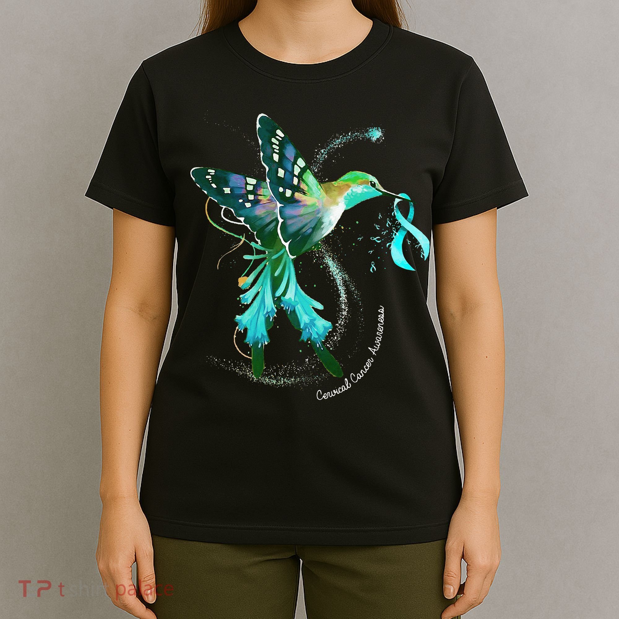 Hummingbird Holding Teal Ribbon Cervical Cancer Awareness T-Shirt