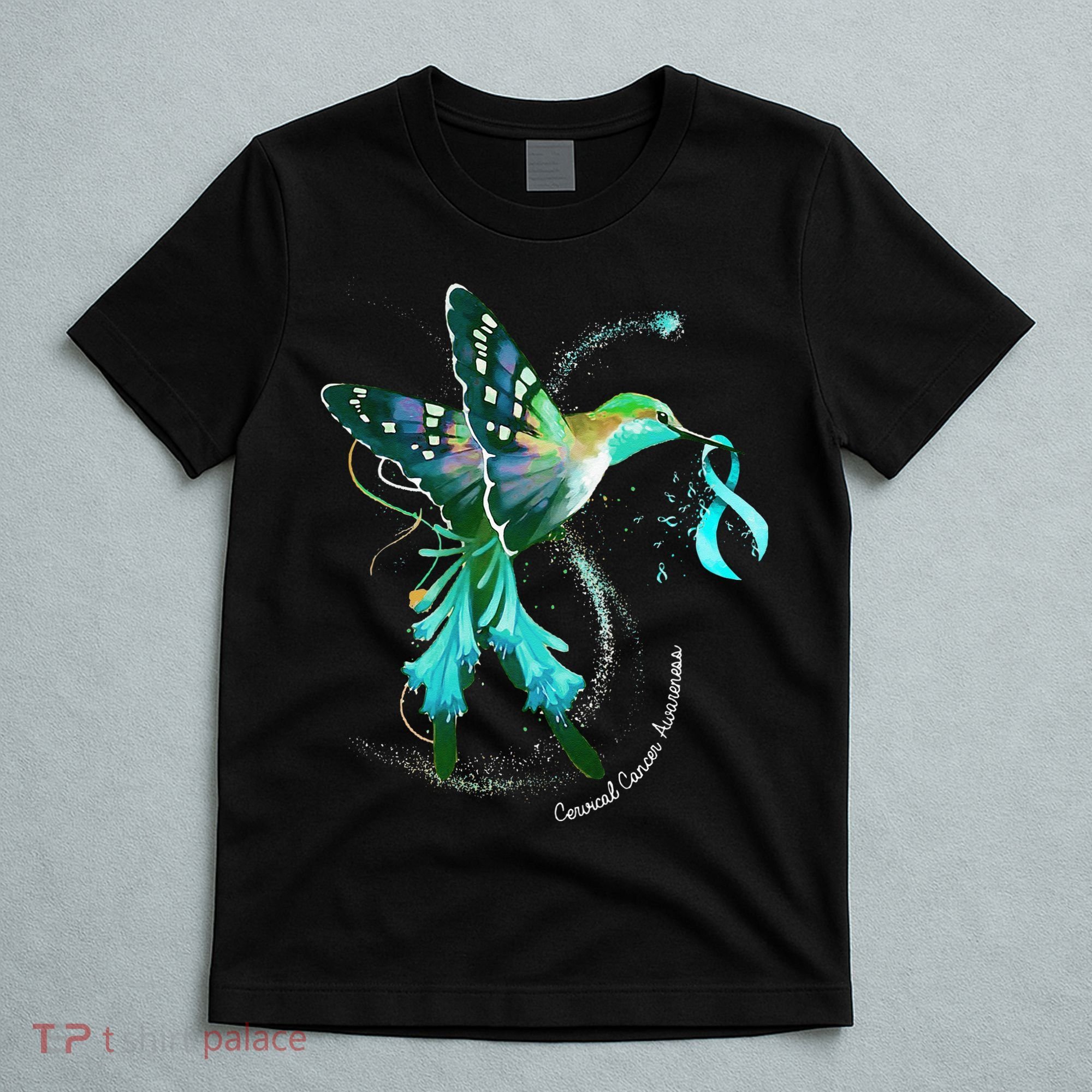 Hummingbird Holding Teal Ribbon Cervical Cancer Awareness T-Shirt
