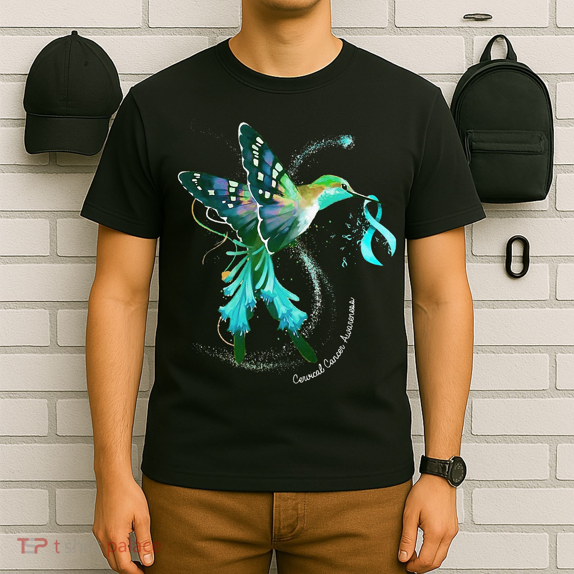 Hummingbird Holding Teal Ribbon Cervical Cancer Awareness T-Shirt