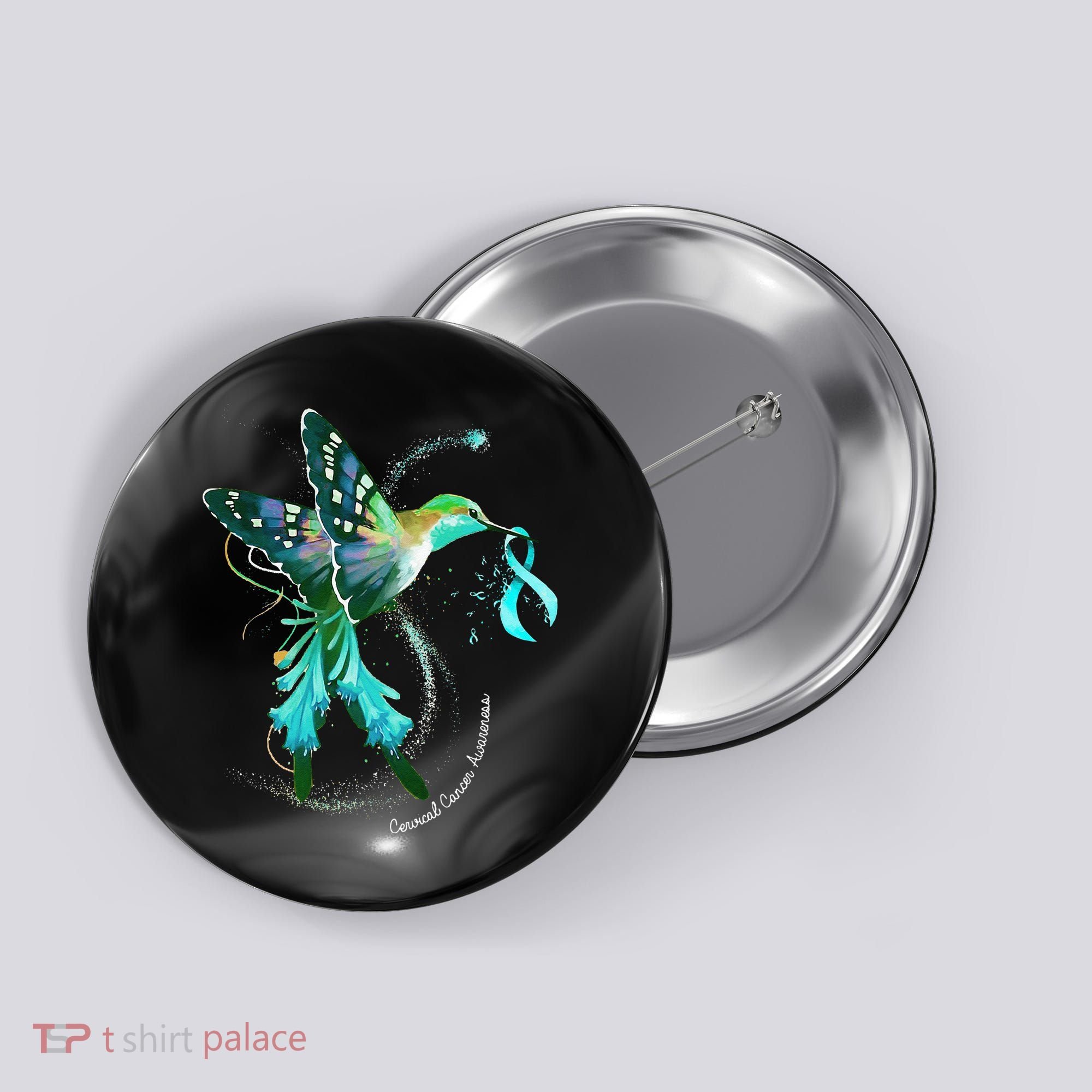Hummingbird Holding Teal Ribbon Cervical Cancer Awareness Button