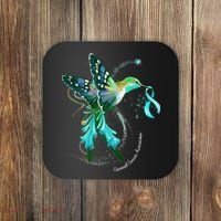Hummingbird Holding Teal Ribbon Cervical Cancer Awareness Coaster thumb 0