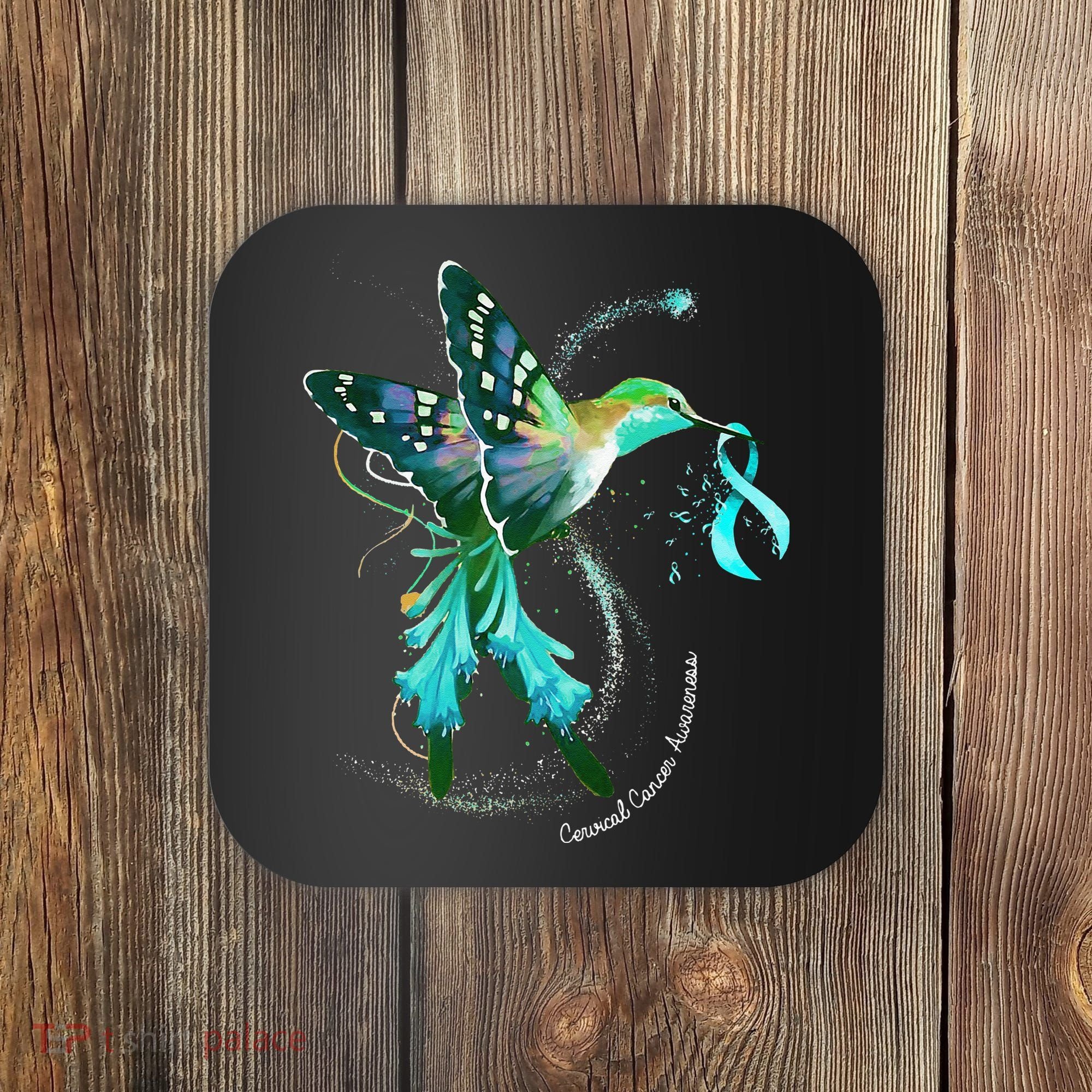 Hummingbird Holding Teal Ribbon Cervical Cancer Awareness Coaster
