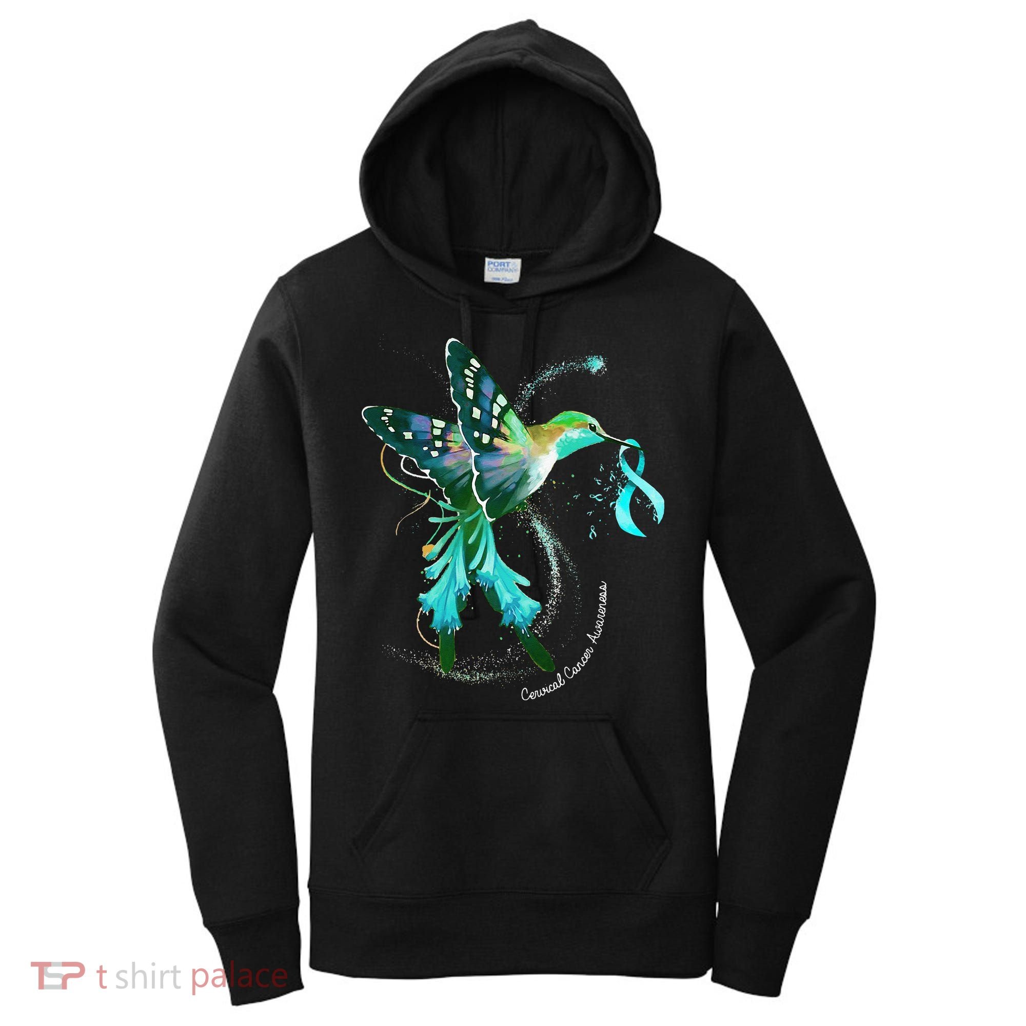Hummingbird Holding Teal Ribbon Cervical Cancer Awareness Women's Hoodie