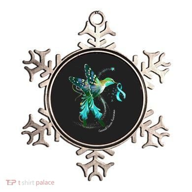 Hummingbird Holding Teal Ribbon Cervical Cancer Awareness Ornament