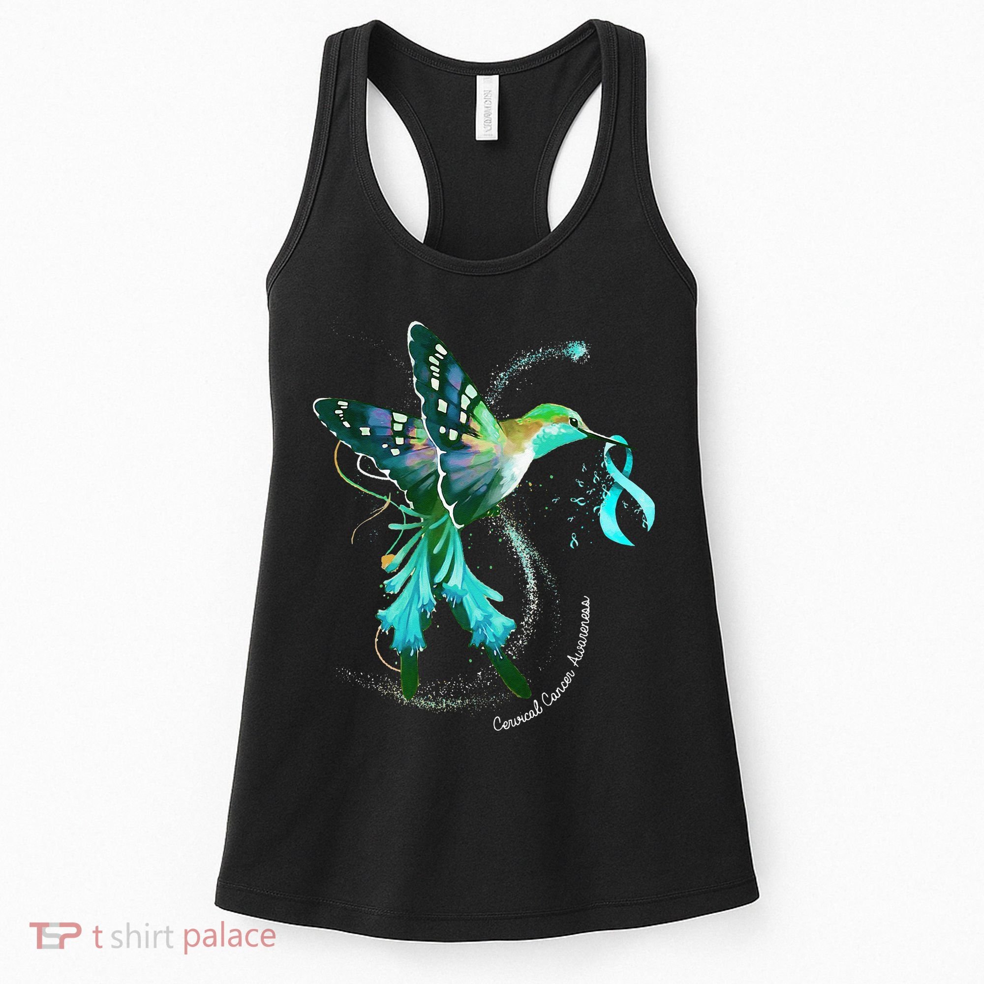 Hummingbird Holding Teal Ribbon Cervical Cancer Awareness Women's Tank Top