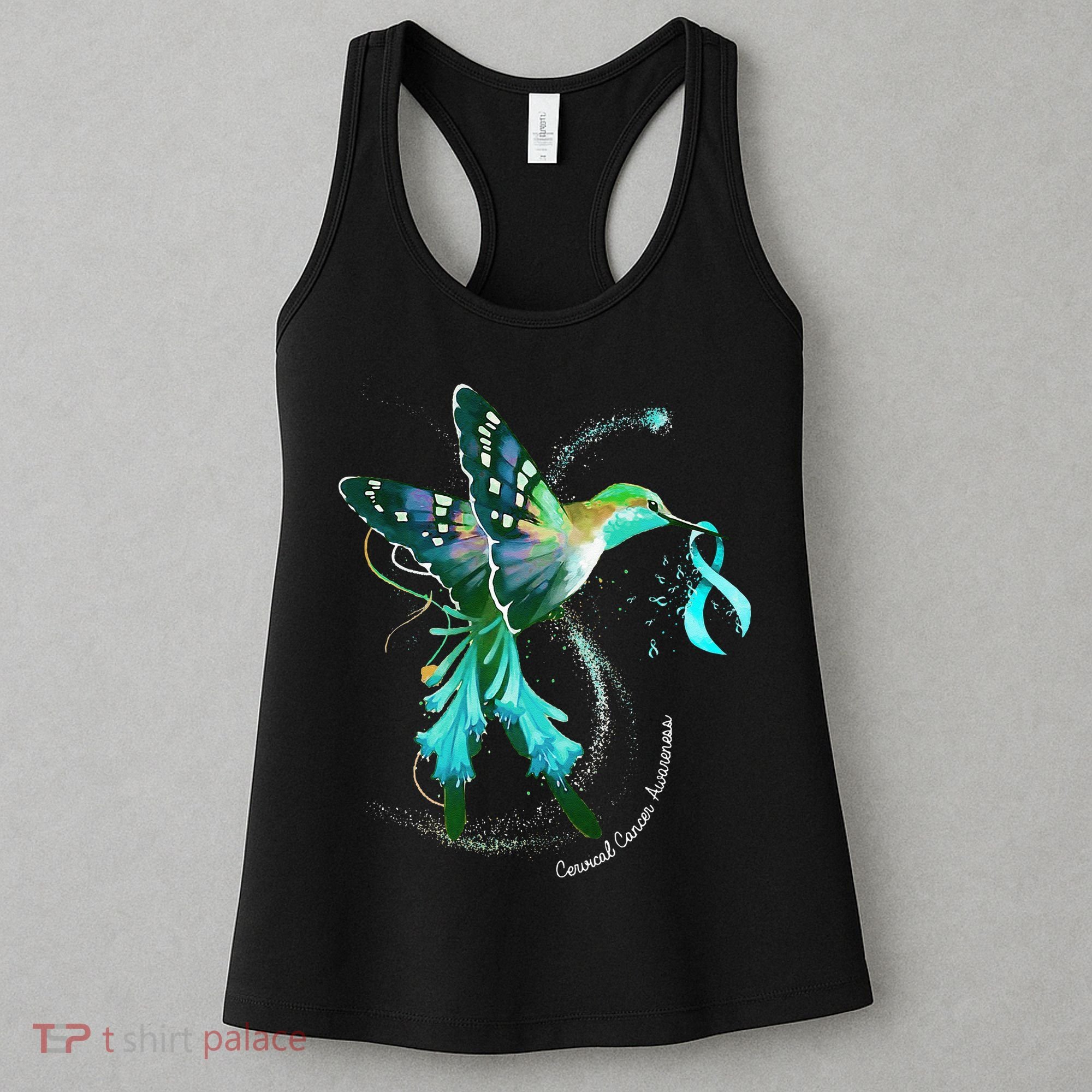 Hummingbird Holding Teal Ribbon Cervical Cancer Awareness Women's Tank Top