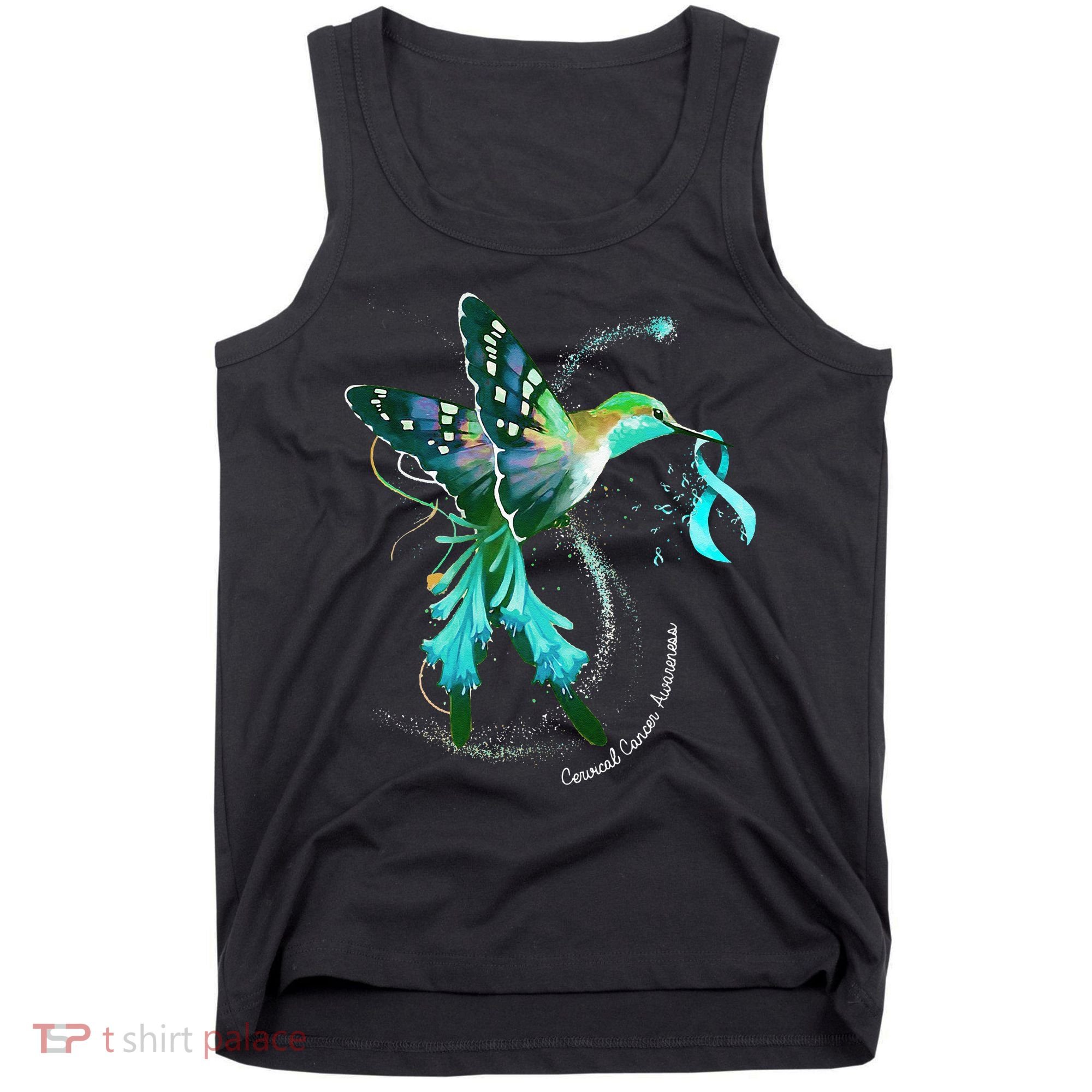 Hummingbird Holding Teal Ribbon Cervical Cancer Awareness Tank Top