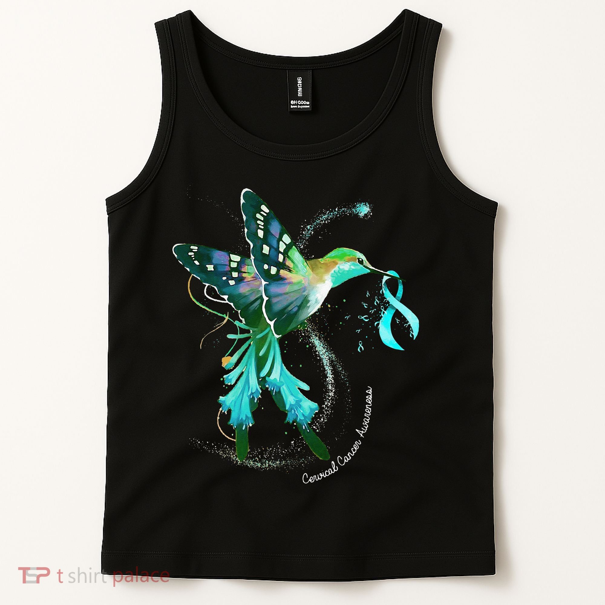 Hummingbird Holding Teal Ribbon Cervical Cancer Awareness Tank Top
