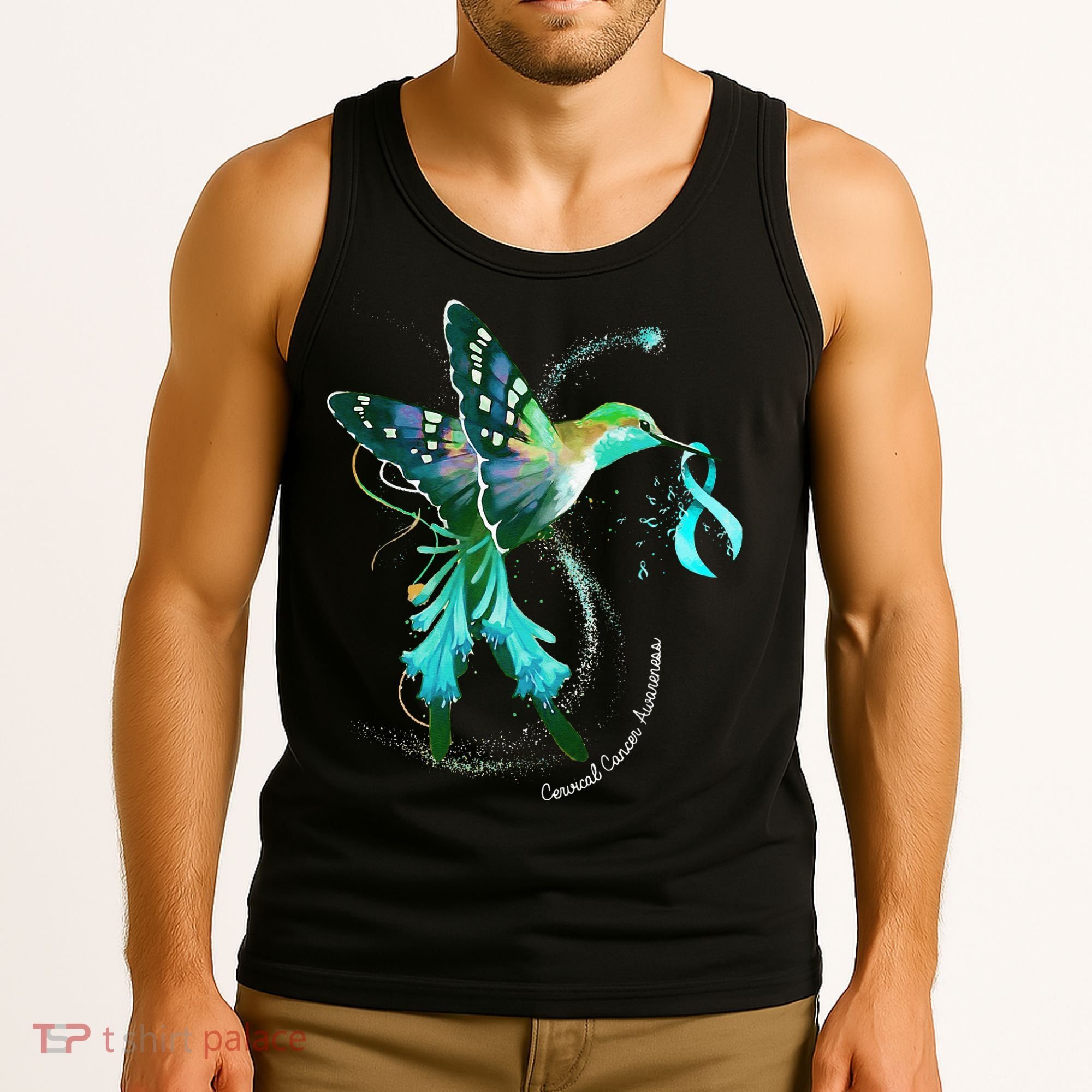 Hummingbird Holding Teal Ribbon Cervical Cancer Awareness Tank Top