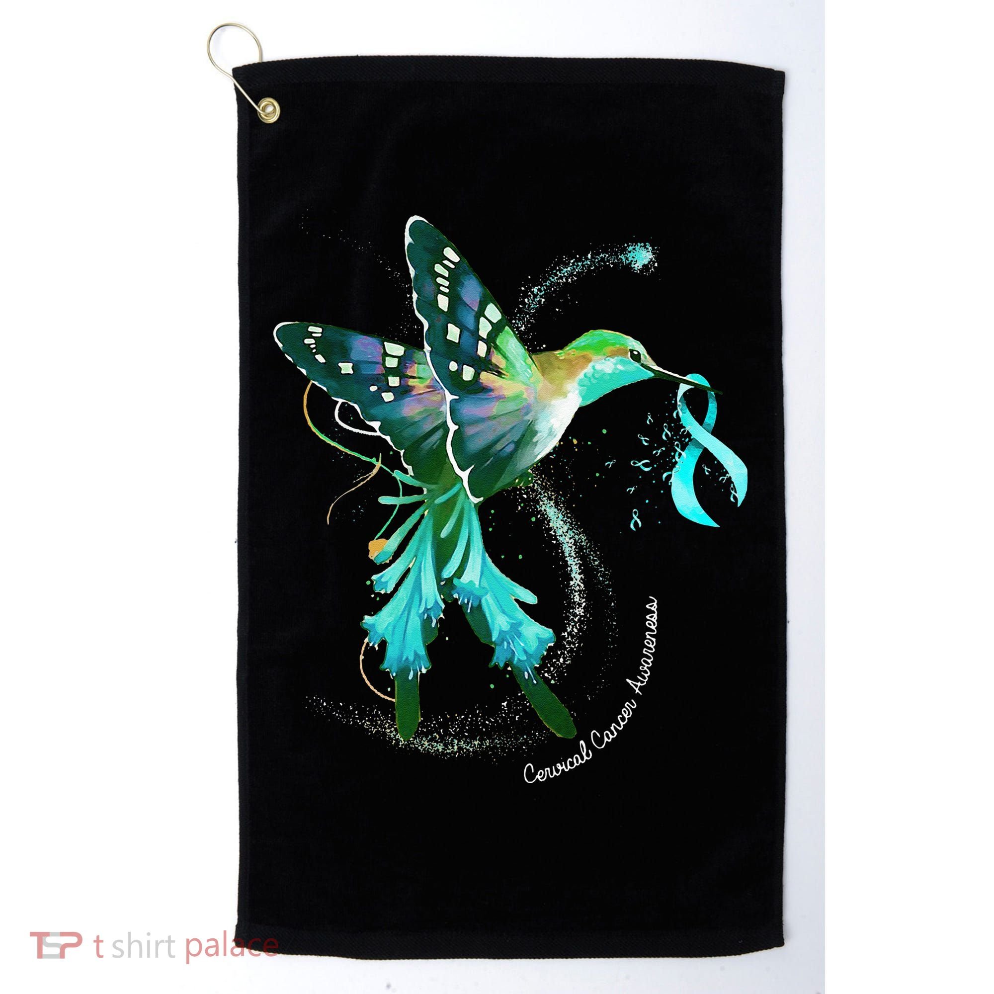 Hummingbird Holding Teal Ribbon Cervical Cancer Awareness Golf Towel