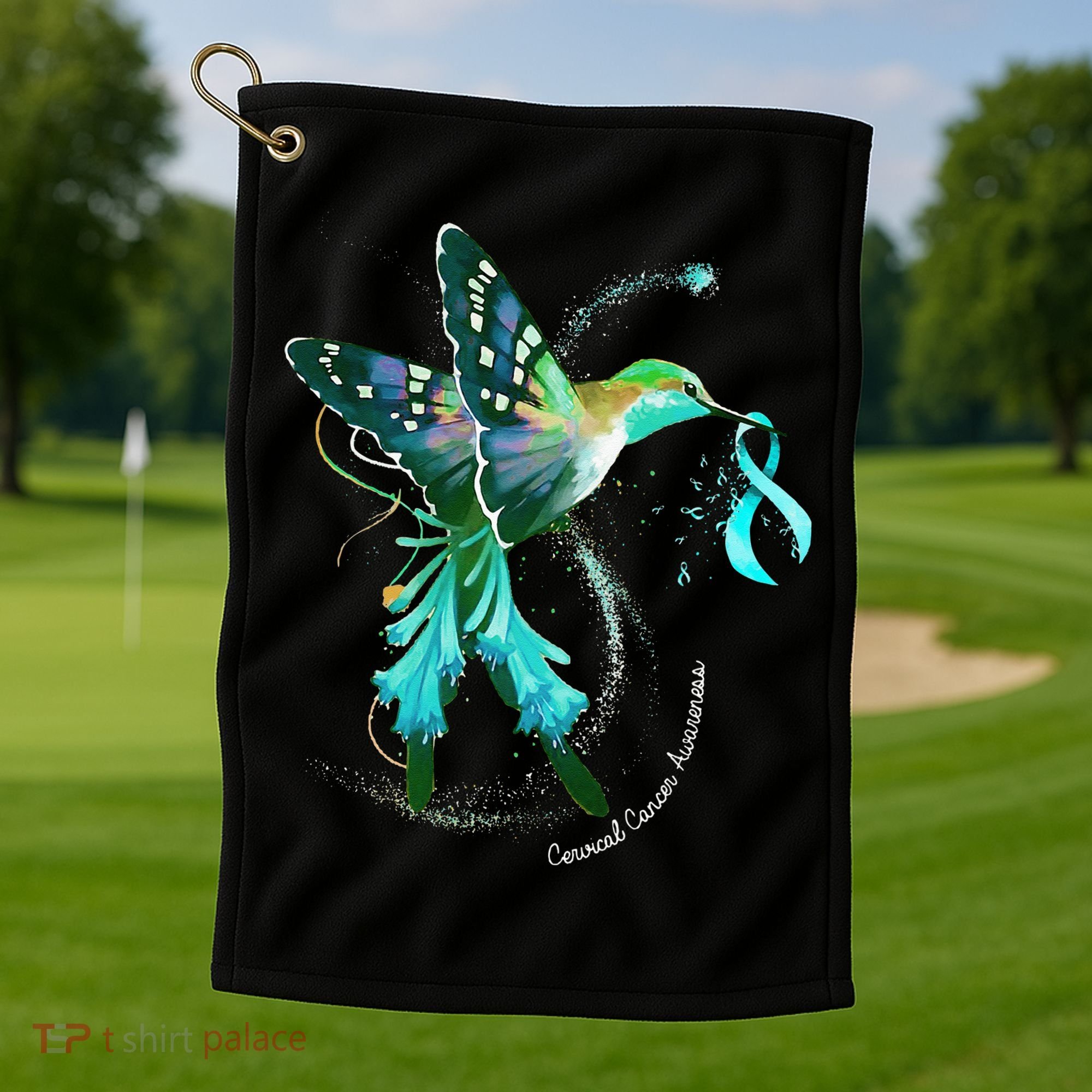 Hummingbird Holding Teal Ribbon Cervical Cancer Awareness Golf Towel