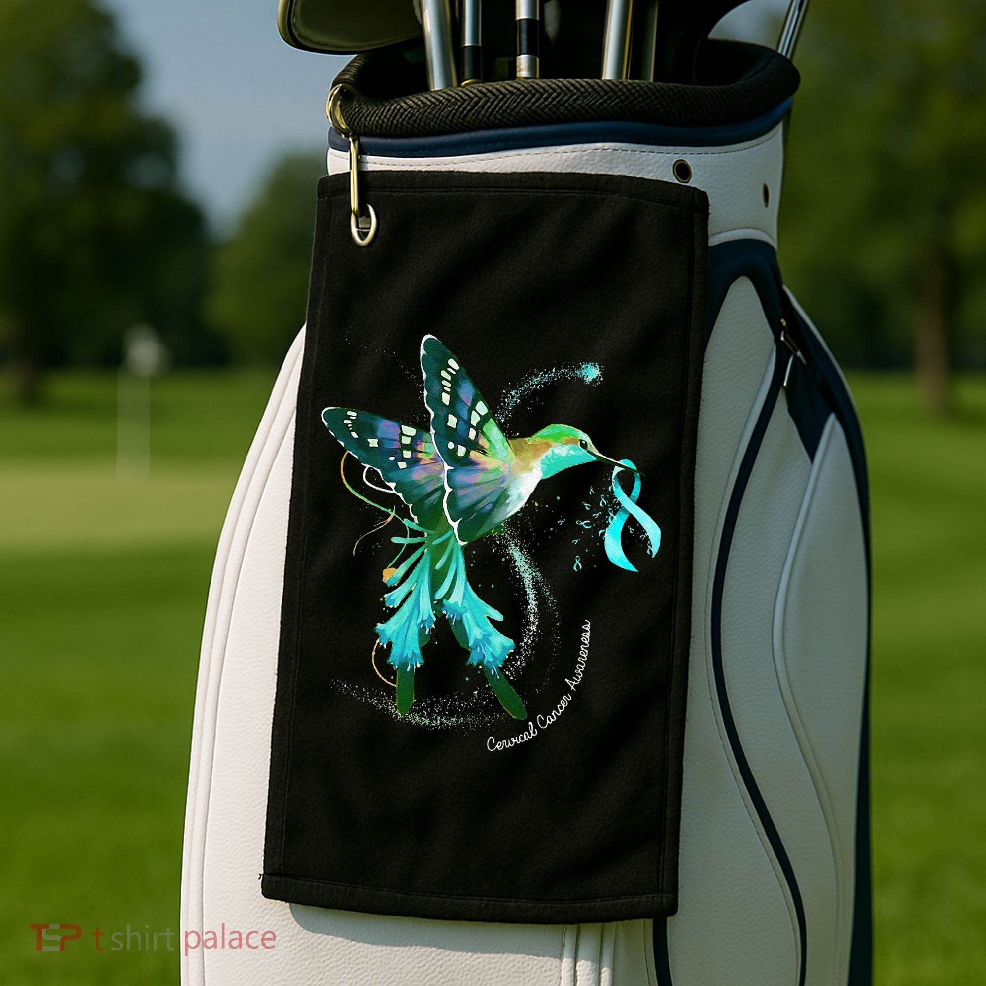 Hummingbird Holding Teal Ribbon Cervical Cancer Awareness Golf Towel