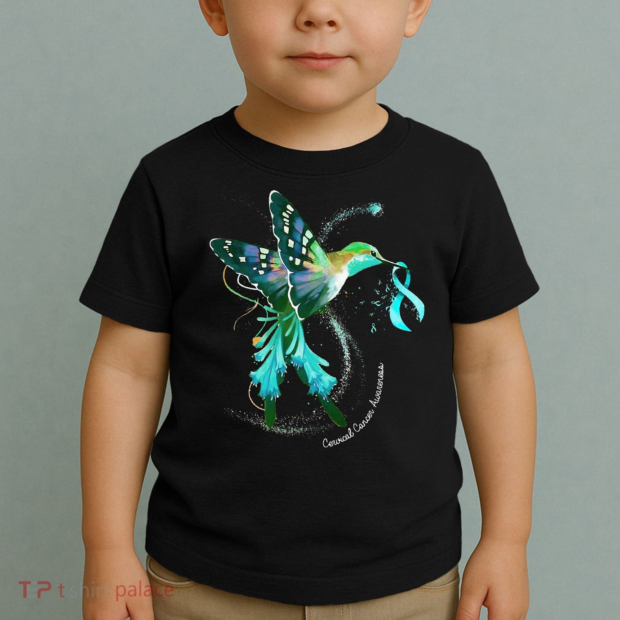 Hummingbird Holding Teal Ribbon Cervical Cancer Awareness Toddler T-Shirt