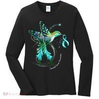 Hummingbird Holding Teal Ribbon Cervical Cancer Awareness Women's Long Sleeve Shirt thumb 0