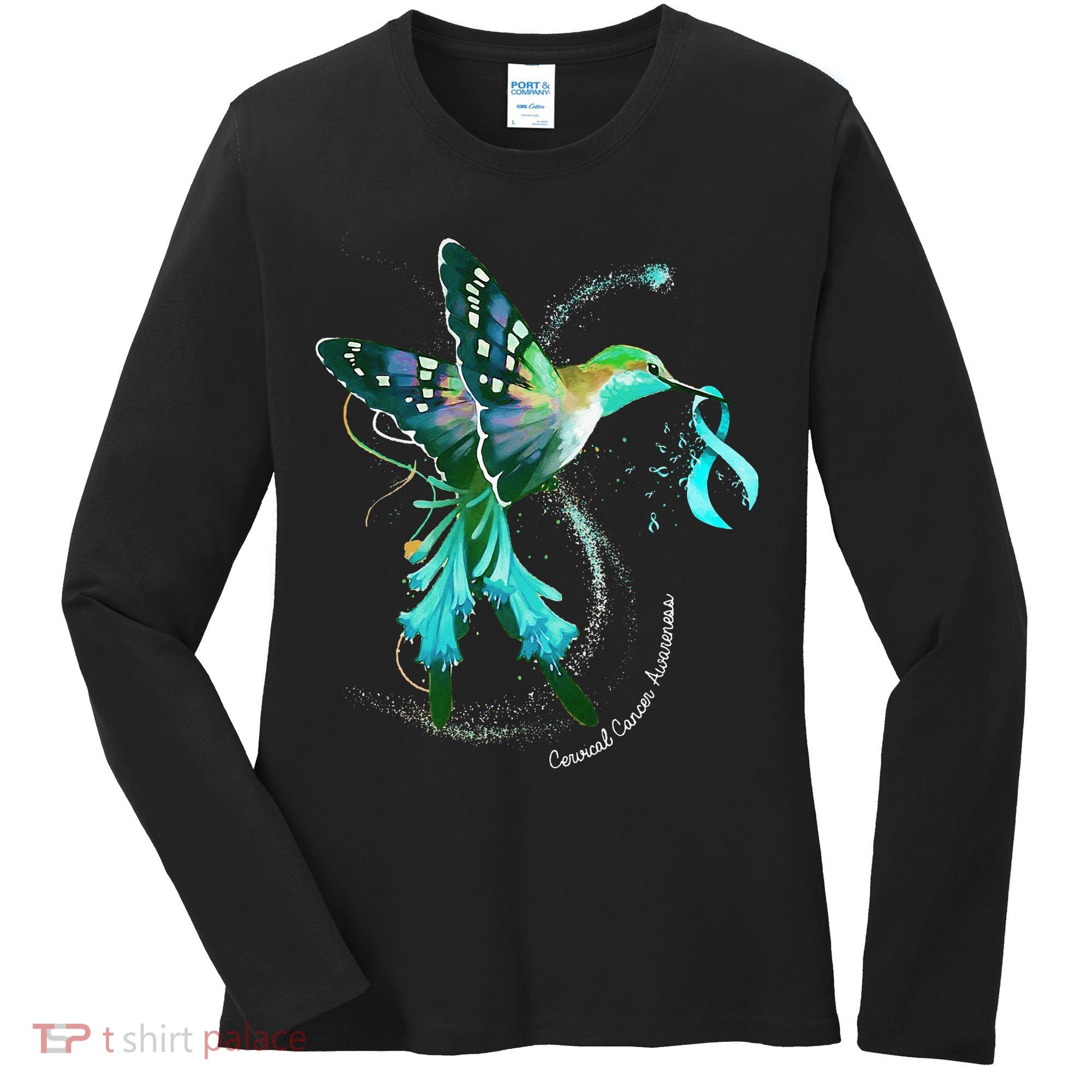 Hummingbird Holding Teal Ribbon Cervical Cancer Awareness Women's Long Sleeve Shirt