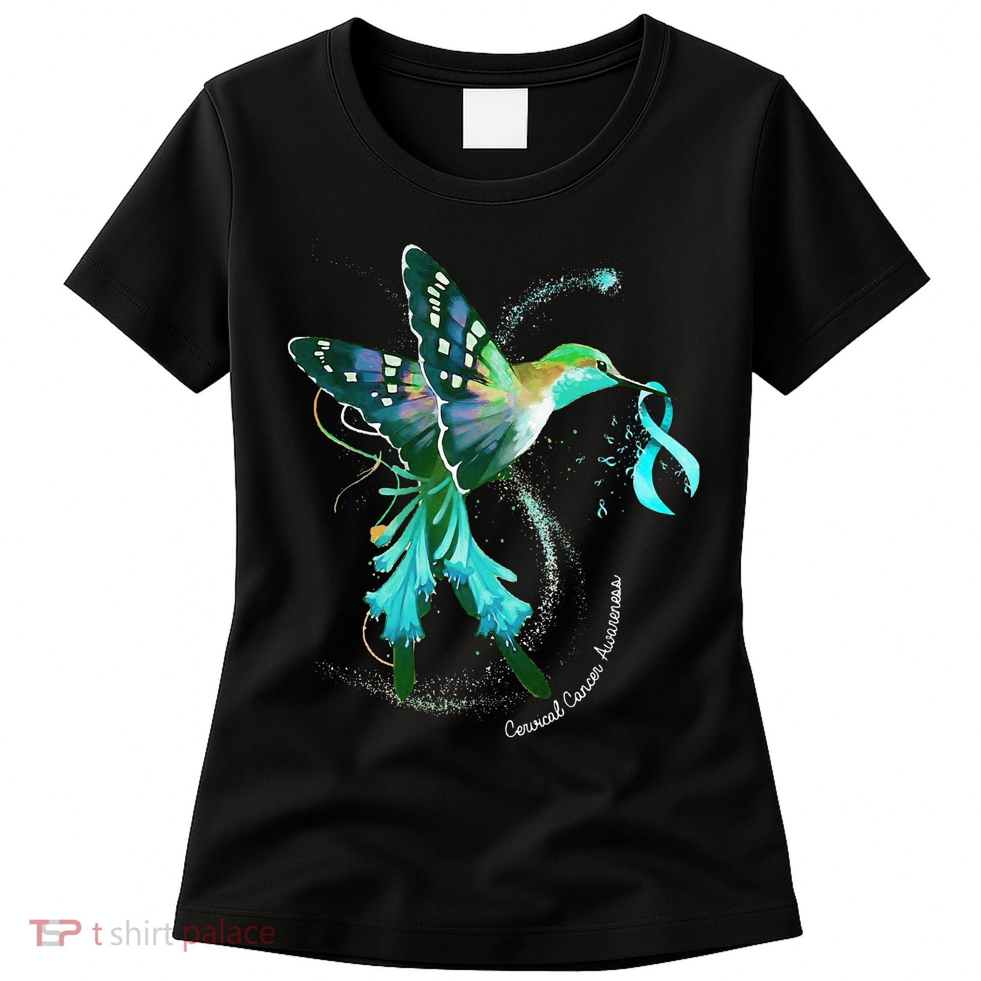 Hummingbird Holding Teal Ribbon Cervical Cancer Awareness Women's T-Shirt