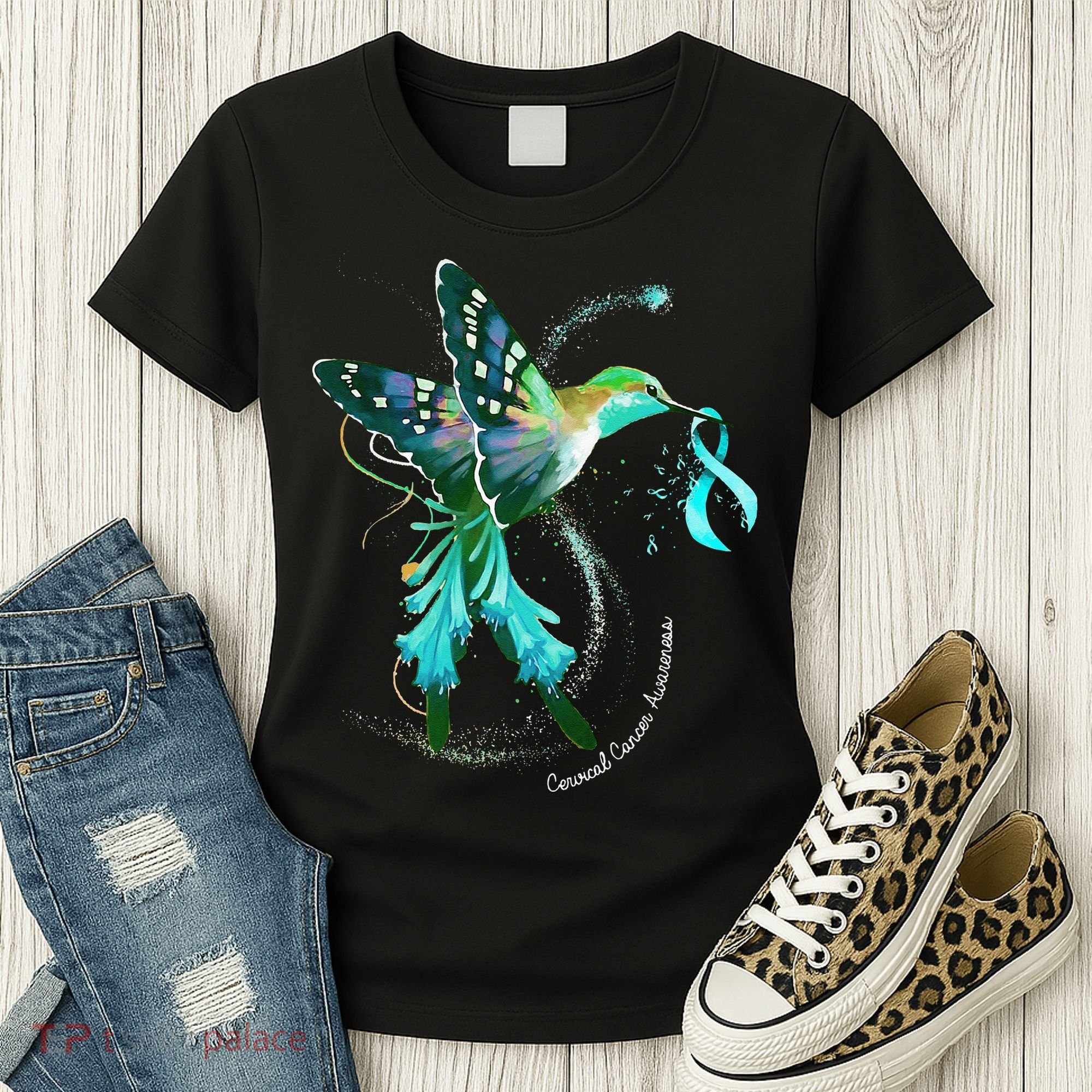 Hummingbird Holding Teal Ribbon Cervical Cancer Awareness Women's T-Shirt