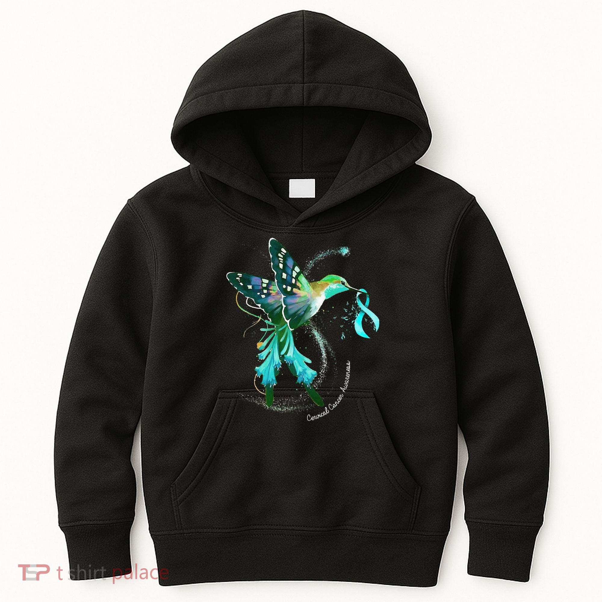 Hummingbird Holding Teal Ribbon Cervical Cancer Awareness Kids Hoodie