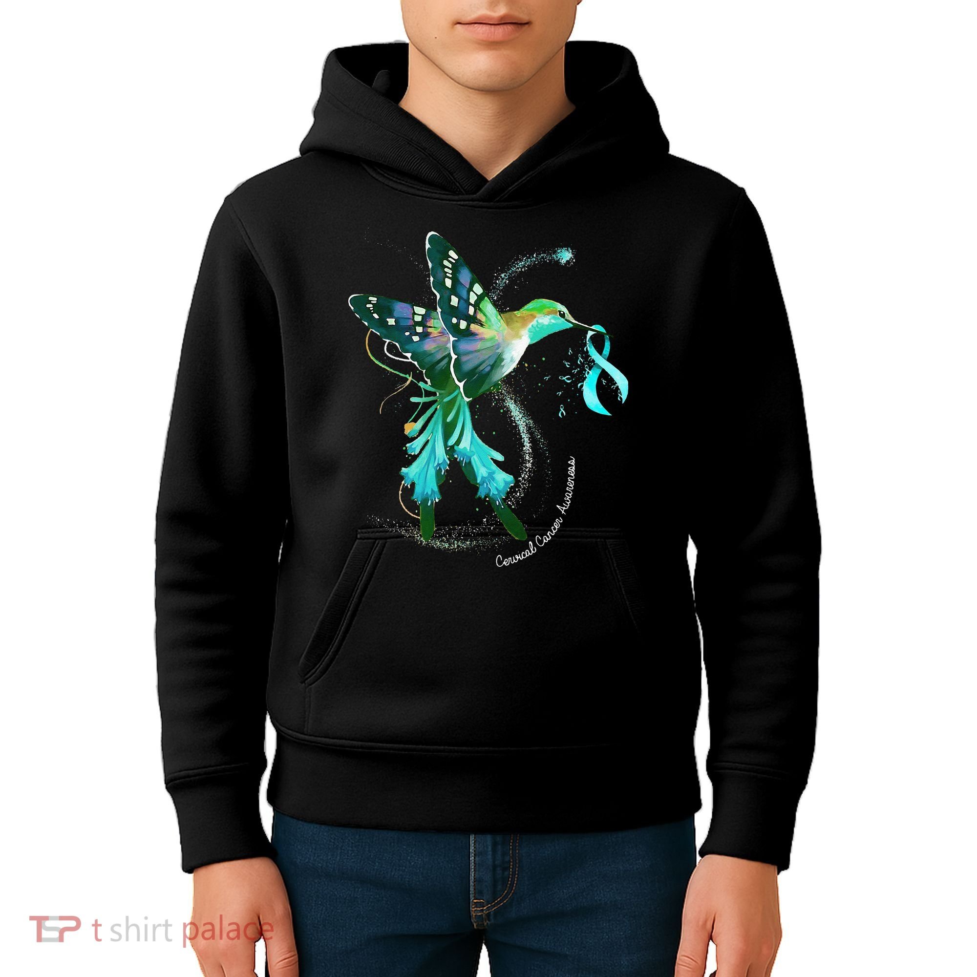 Hummingbird Holding Teal Ribbon Cervical Cancer Awareness Kids Hoodie