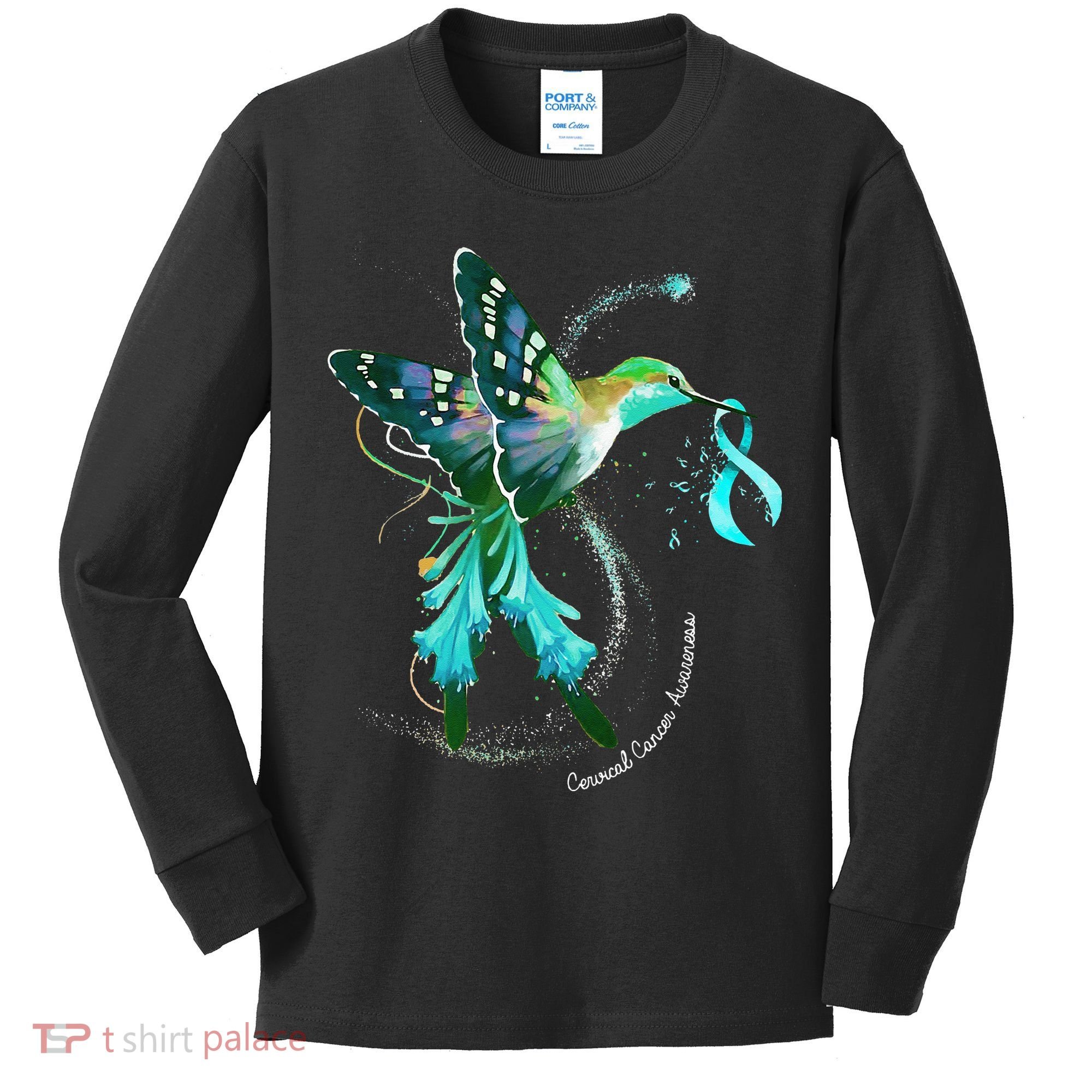 Hummingbird Holding Teal Ribbon Cervical Cancer Awareness Kids Long Sleeve Shirt