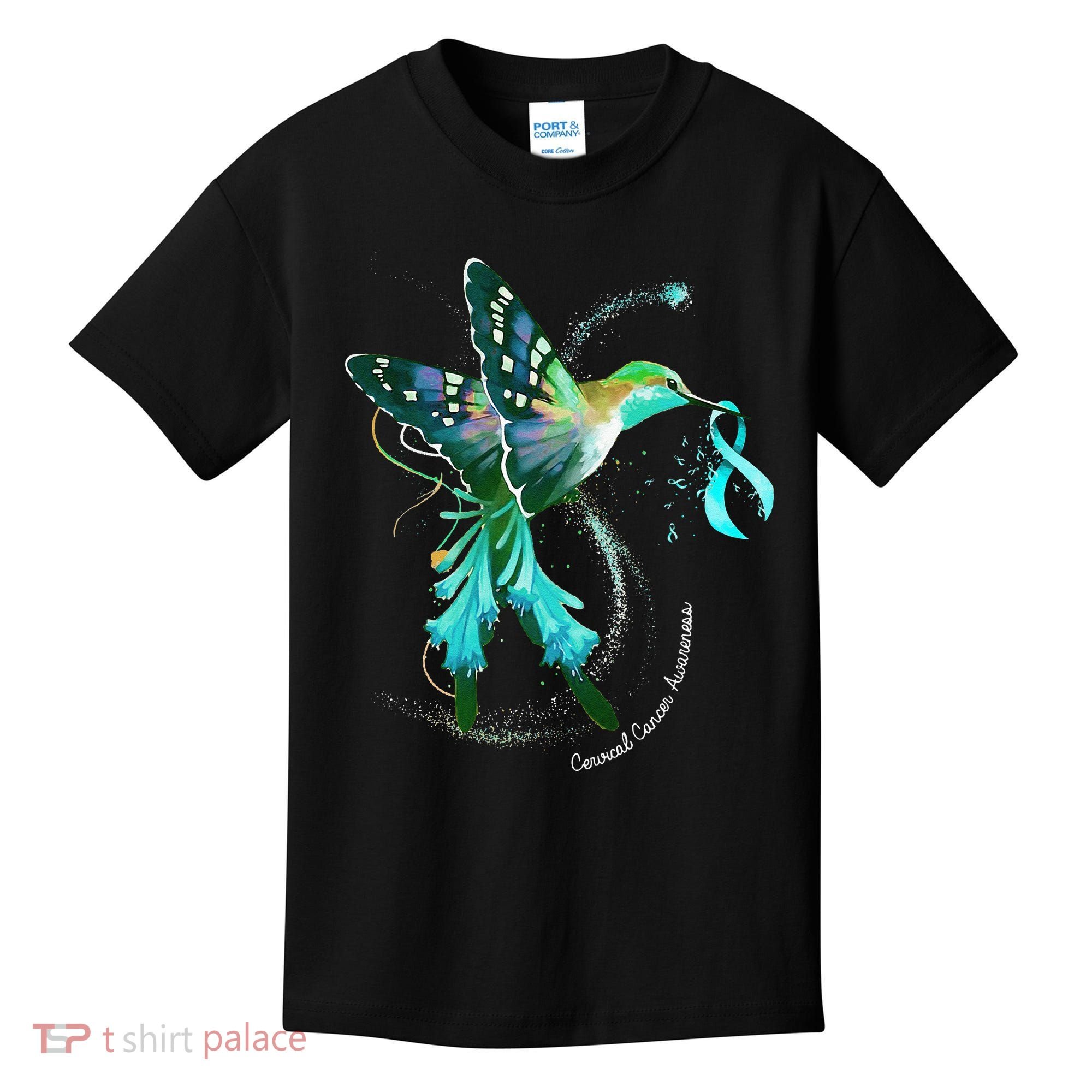 Hummingbird Holding Teal Ribbon Cervical Cancer Awareness Kids T-Shirt
