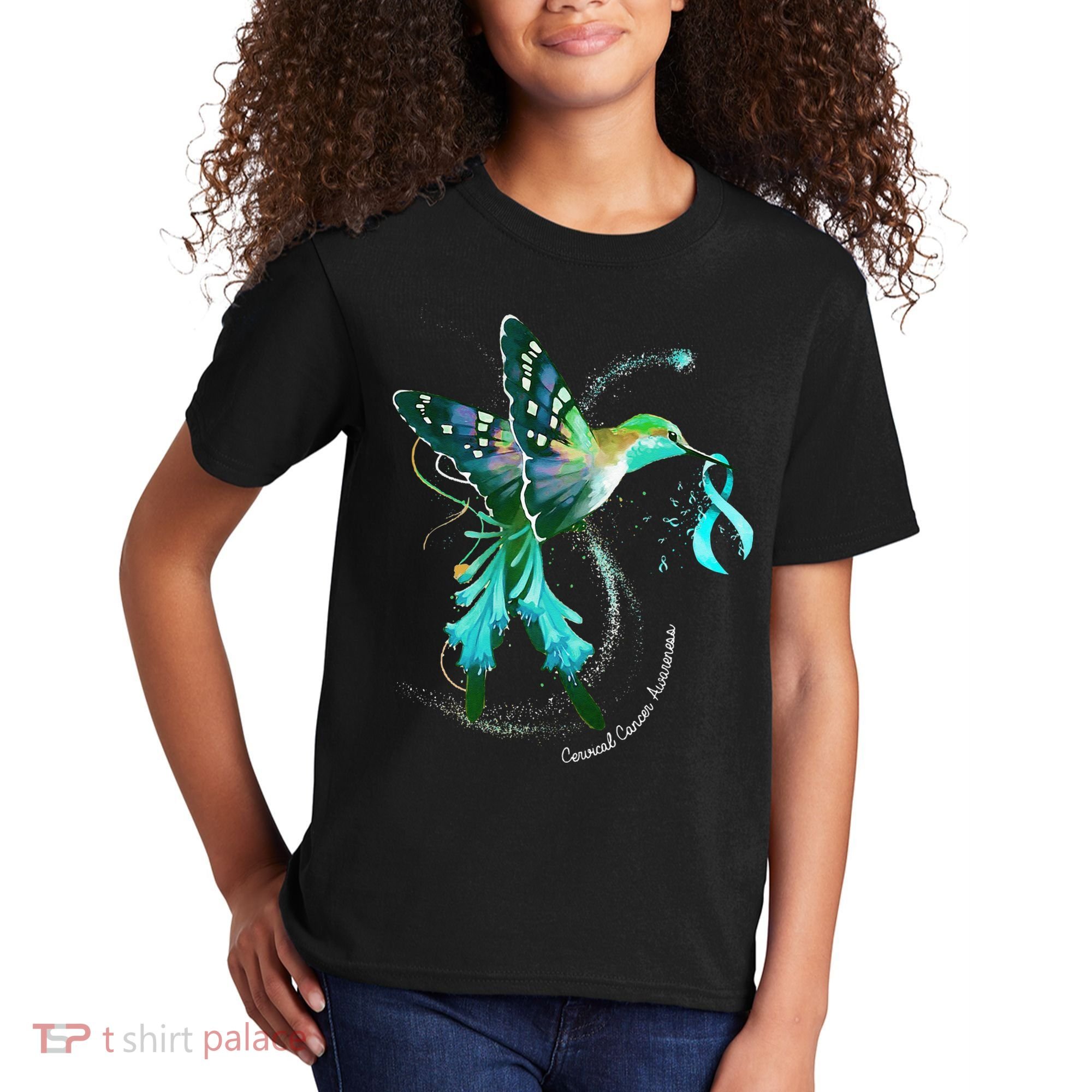 Hummingbird Holding Teal Ribbon Cervical Cancer Awareness Kids T-Shirt