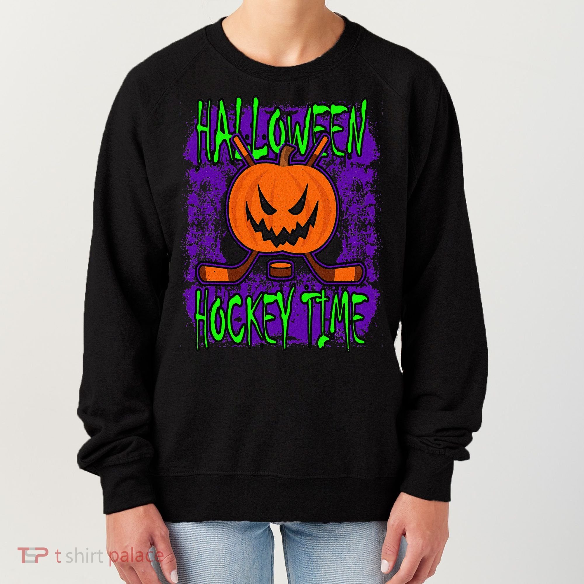 Halloween Hockey Time With Spooky Pumpkin And Hockey Sticks Women's Sweatshirt
