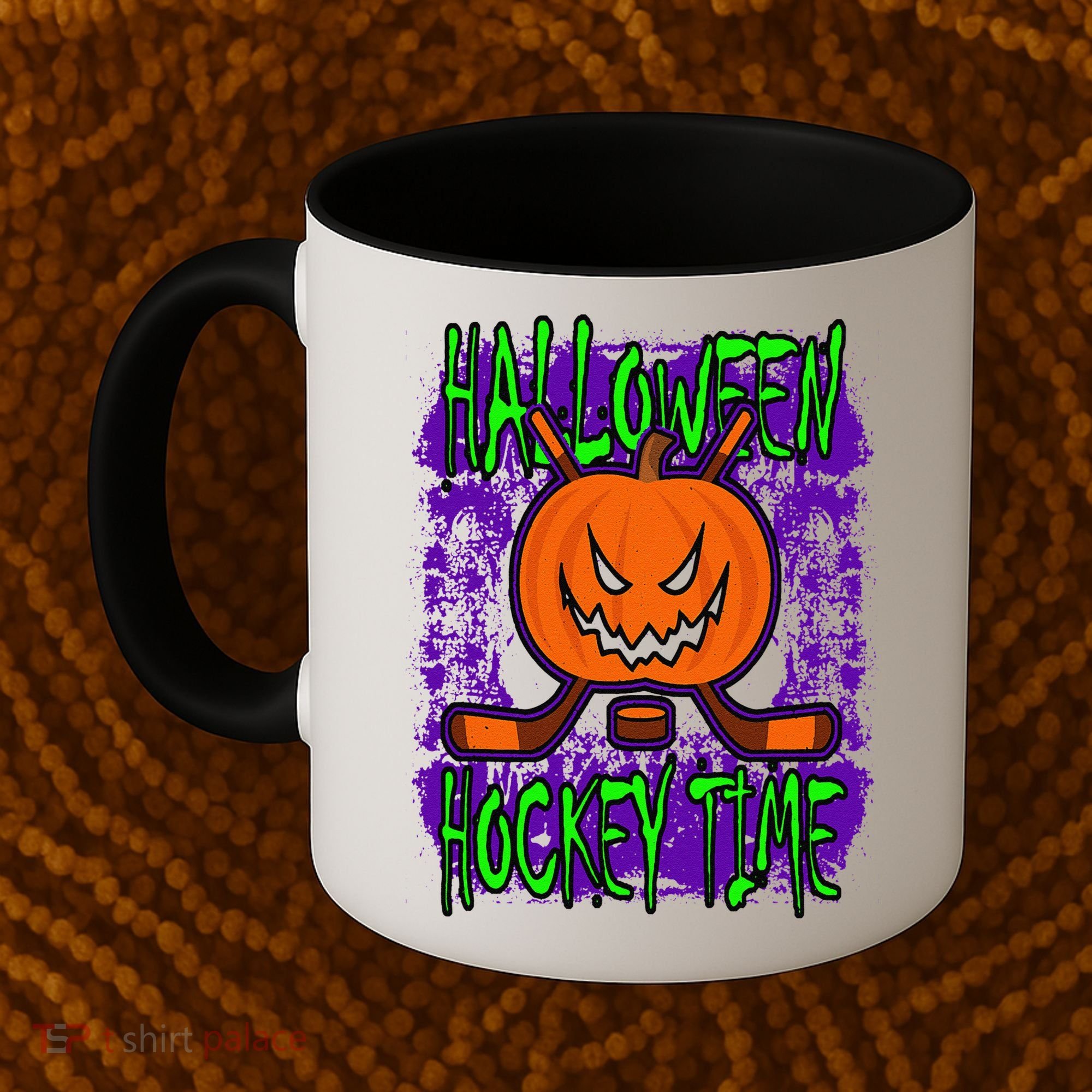 Halloween Hockey Time With Spooky Pumpkin And Hockey Sticks Coffee Mug