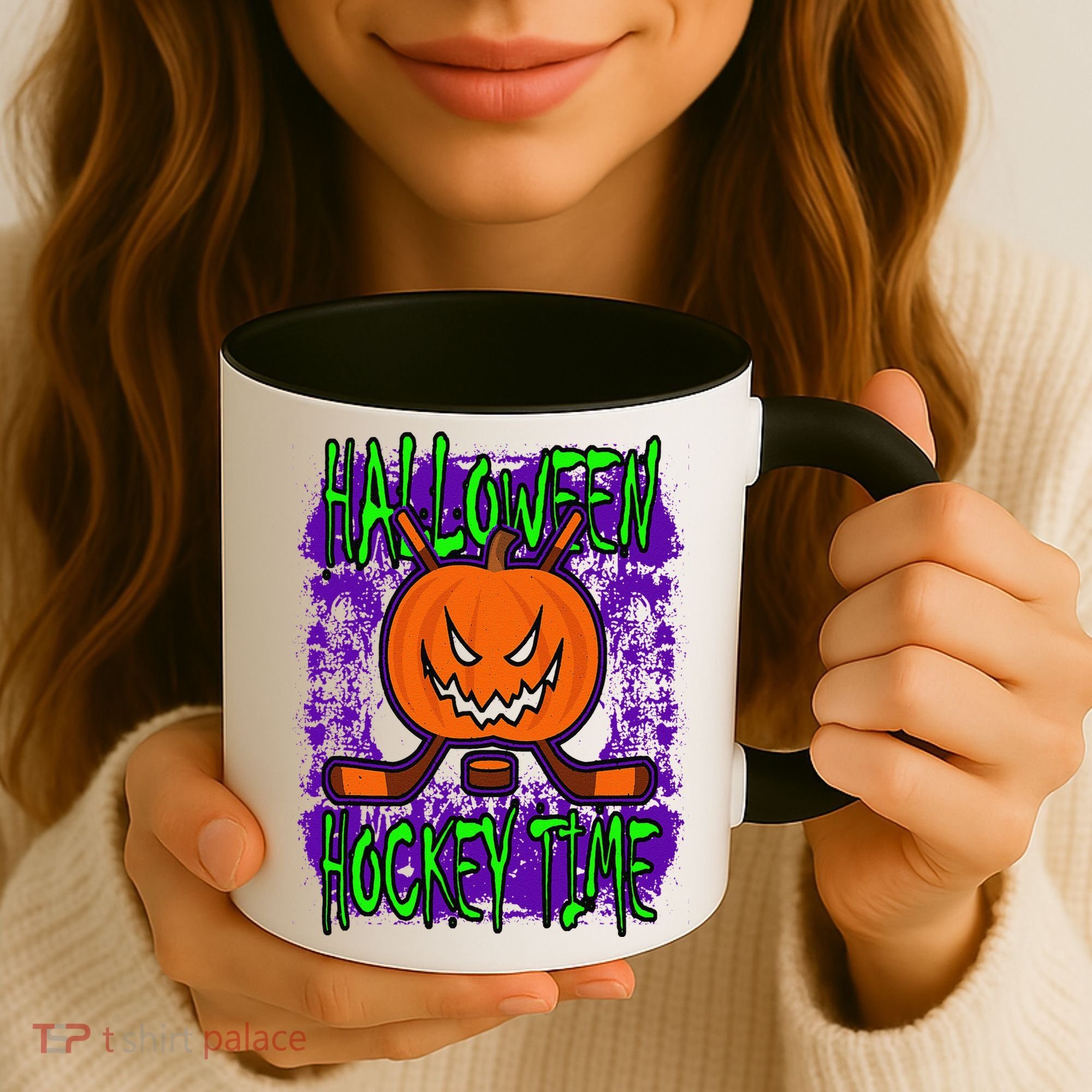 Halloween Hockey Time With Spooky Pumpkin And Hockey Sticks Coffee Mug