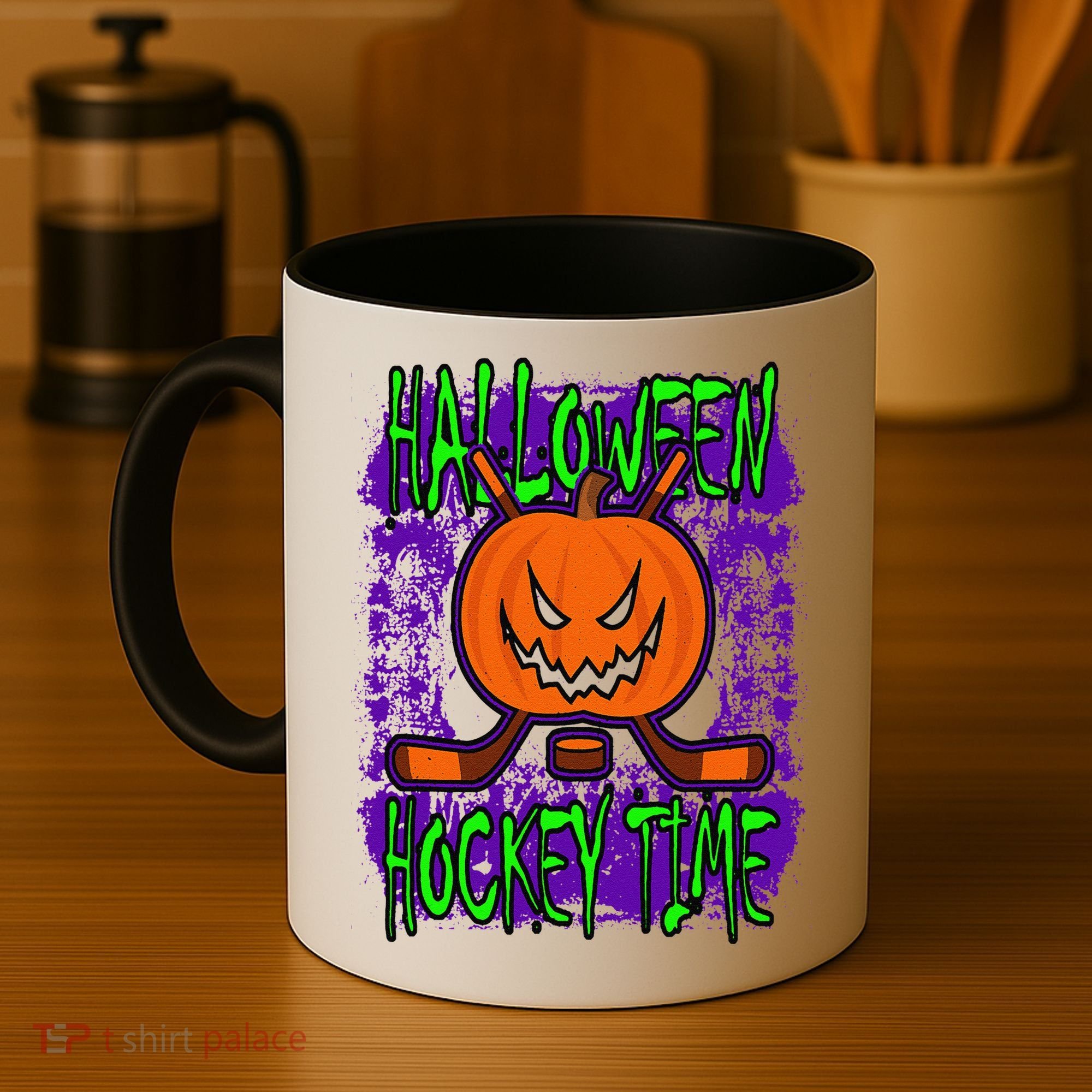 Halloween Hockey Time With Spooky Pumpkin And Hockey Sticks Coffee Mug