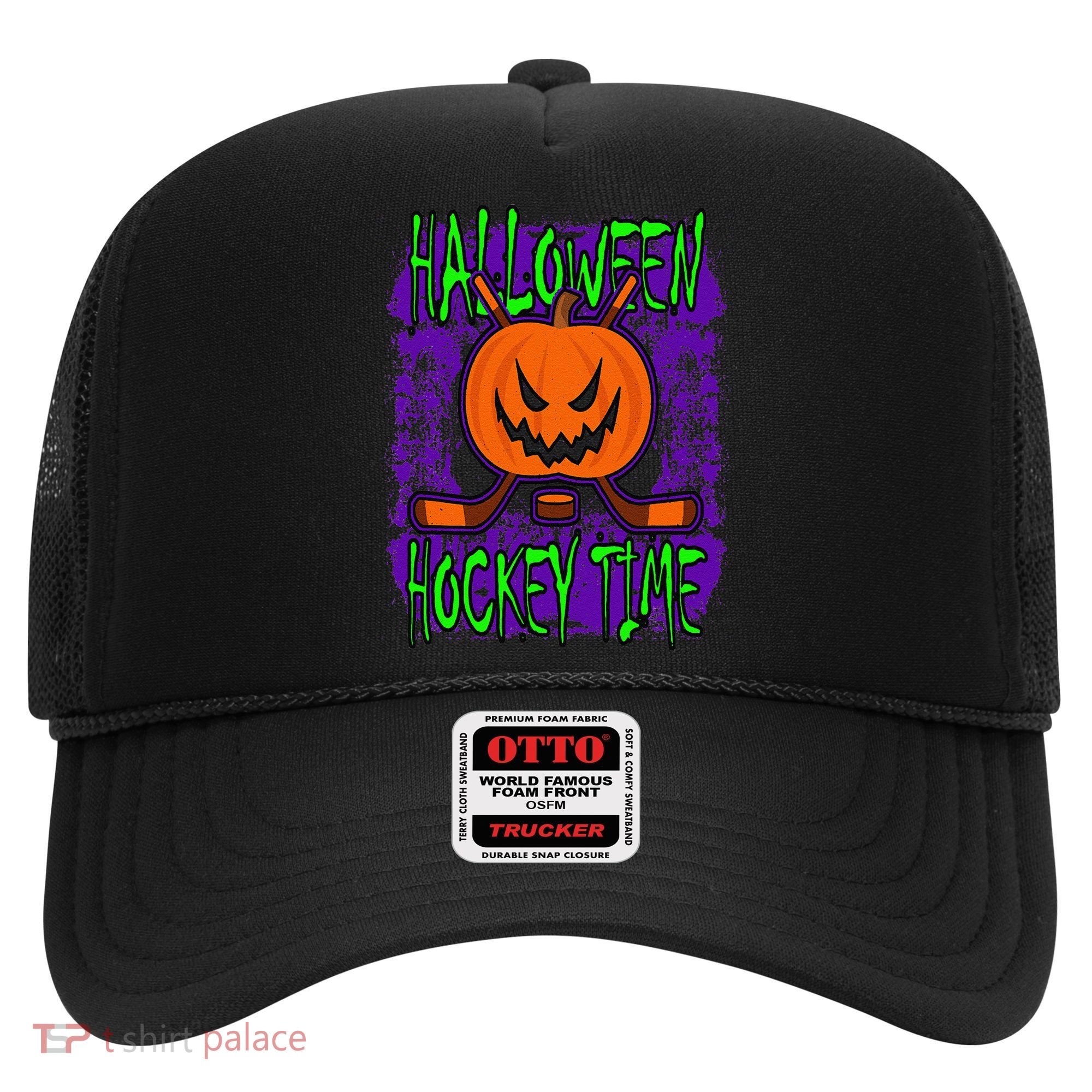 Halloween Hockey Time With Spooky Pumpkin And Hockey Sticks Hat